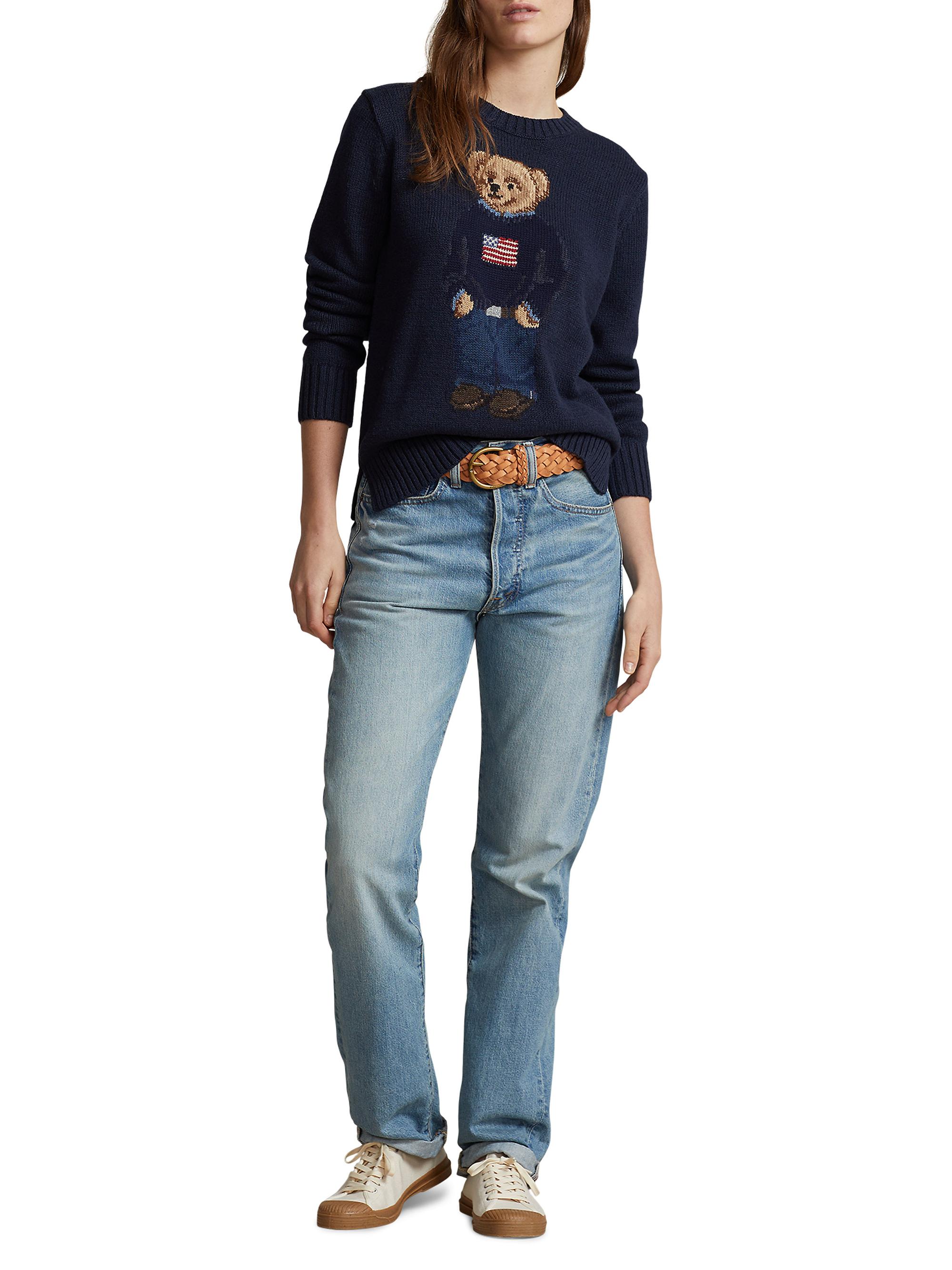 Cotton-Linen Crewneck Bear Sweater