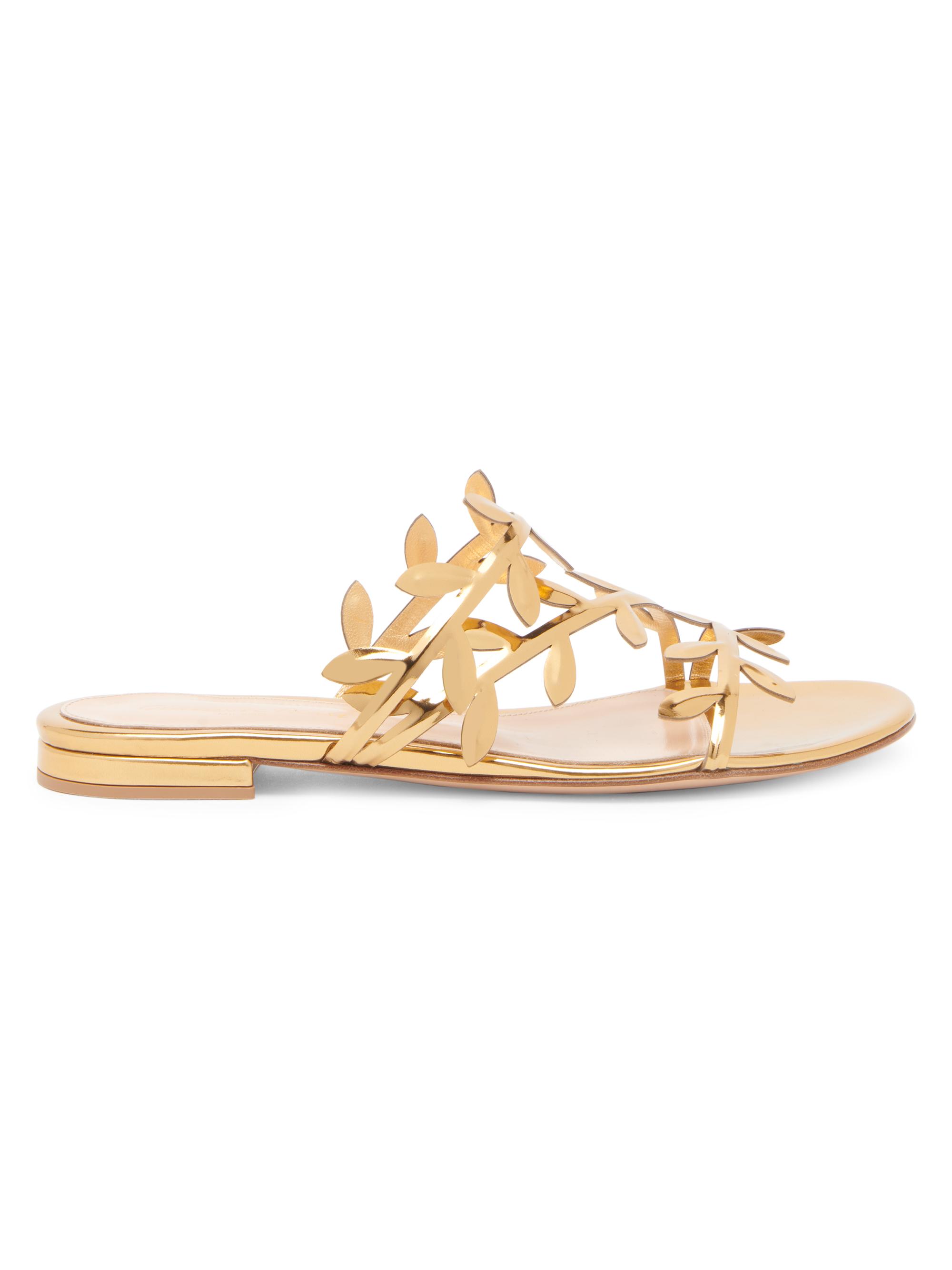 Leaf Metallic Leather Flat Sandals