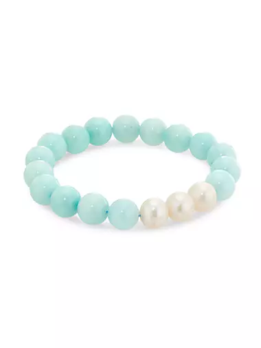 Gems Baroque Pearl & Aquamarine Jade Bead Stretch Bracelet