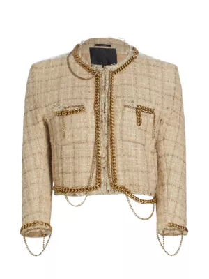 R13 Women's Chain-embellished Tweed Crop Jacket - Beige Tweed - Size Large