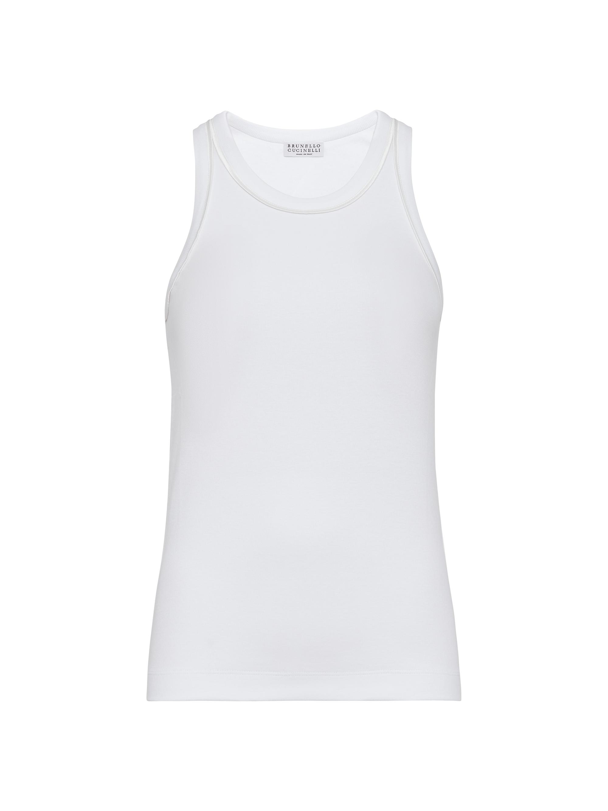 Brunello Cucinelli Women's Stretch Cotton Ribbed Jersey Top with Satin Trims - White