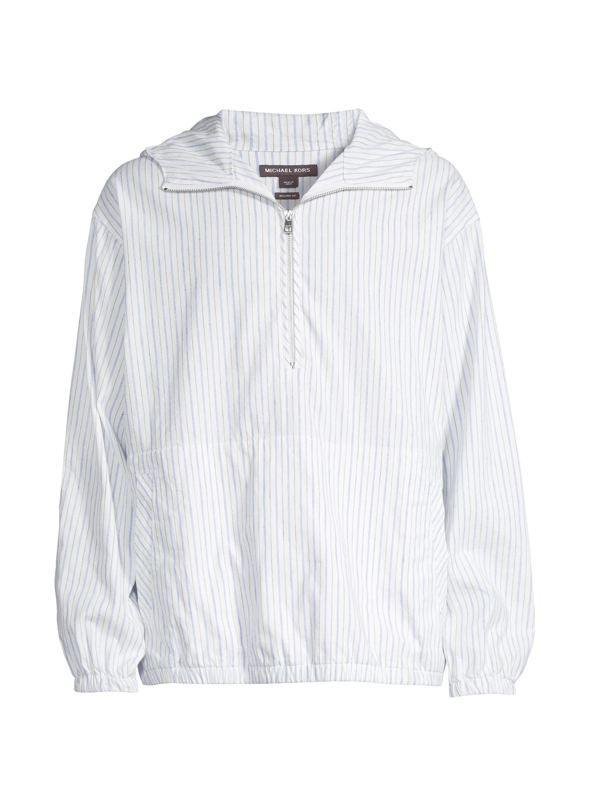 Michael Kors Men's Pinstriped Linen & Cotton-Blend Half-Zip Hoodie - White