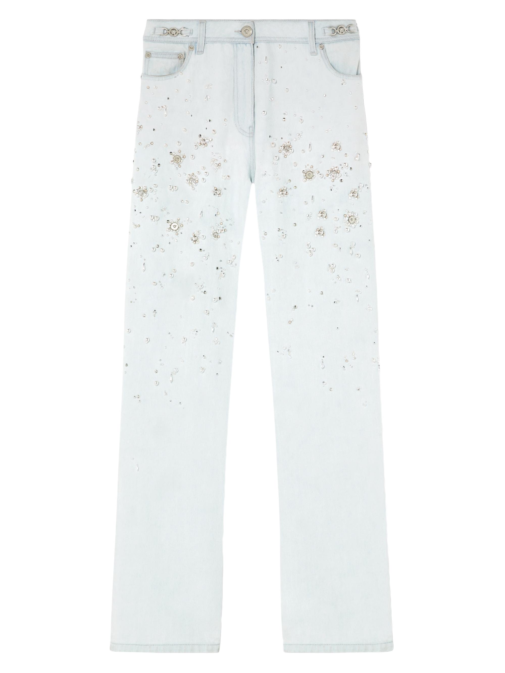 Versace Women's Embroidered Straight-Leg Jeans - Light Blue