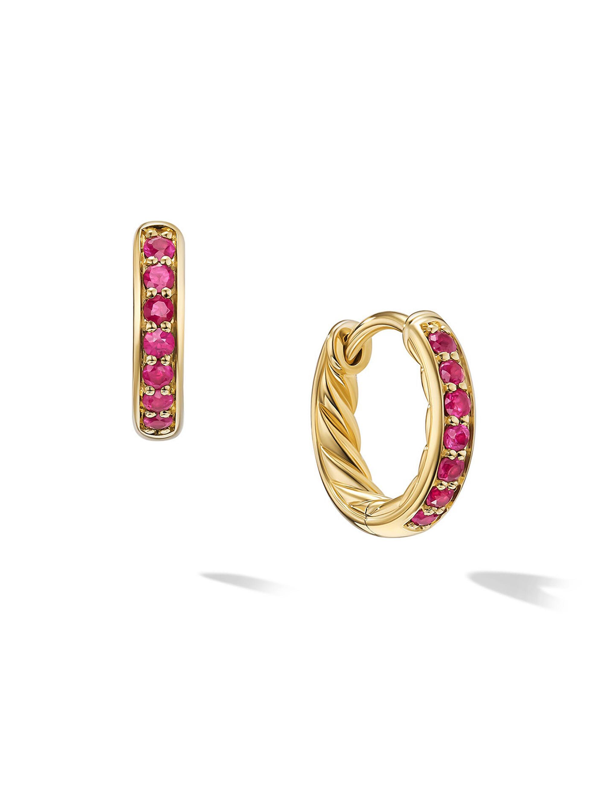 David Yurman Women's Petite Pavé Huggie Hoop Earrings in 18K Yellow Gold - Ruby