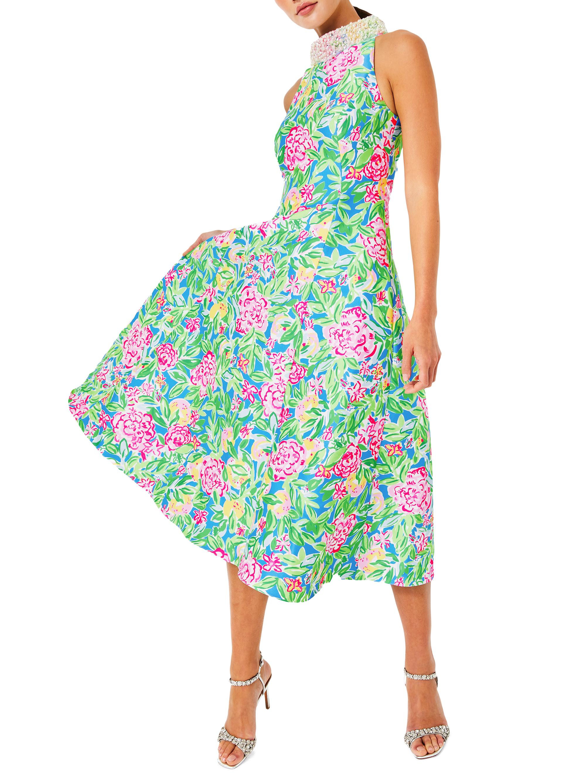 Lilly Pulitzer x Badgley Mischka Women's Willa Floral Beaded Halter Midi-Dress - Resort White Grove Garden