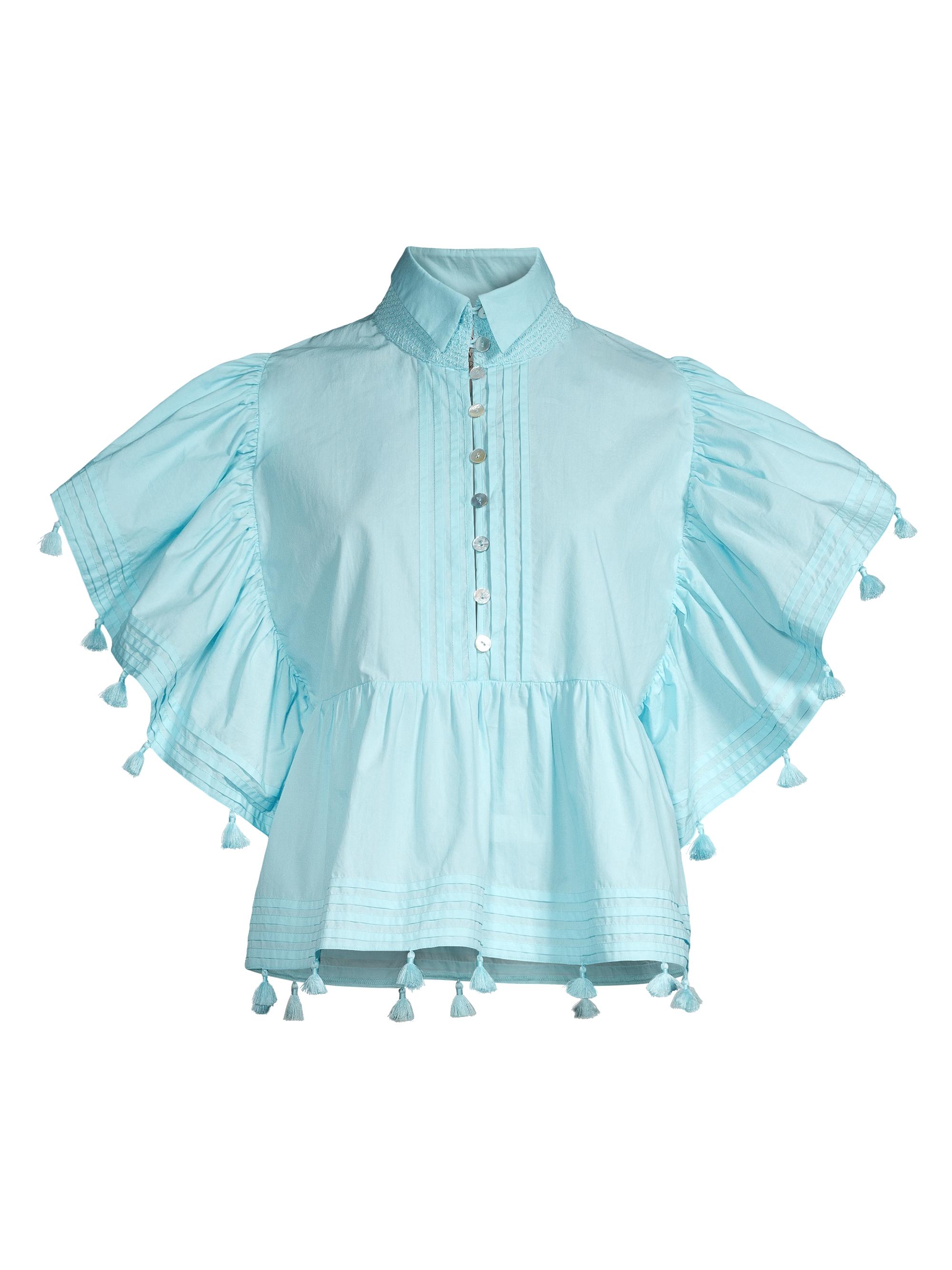 Hope for Flowers Women's Pom-Pom Cotton Pleated Blouse - Sky Blue