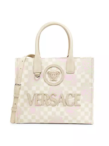 Small Floral & Checkered Logo Leather Tote Bag