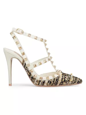 Valentino Garavani Women's Rockstud Tweed Pumps With Straps 100 MM