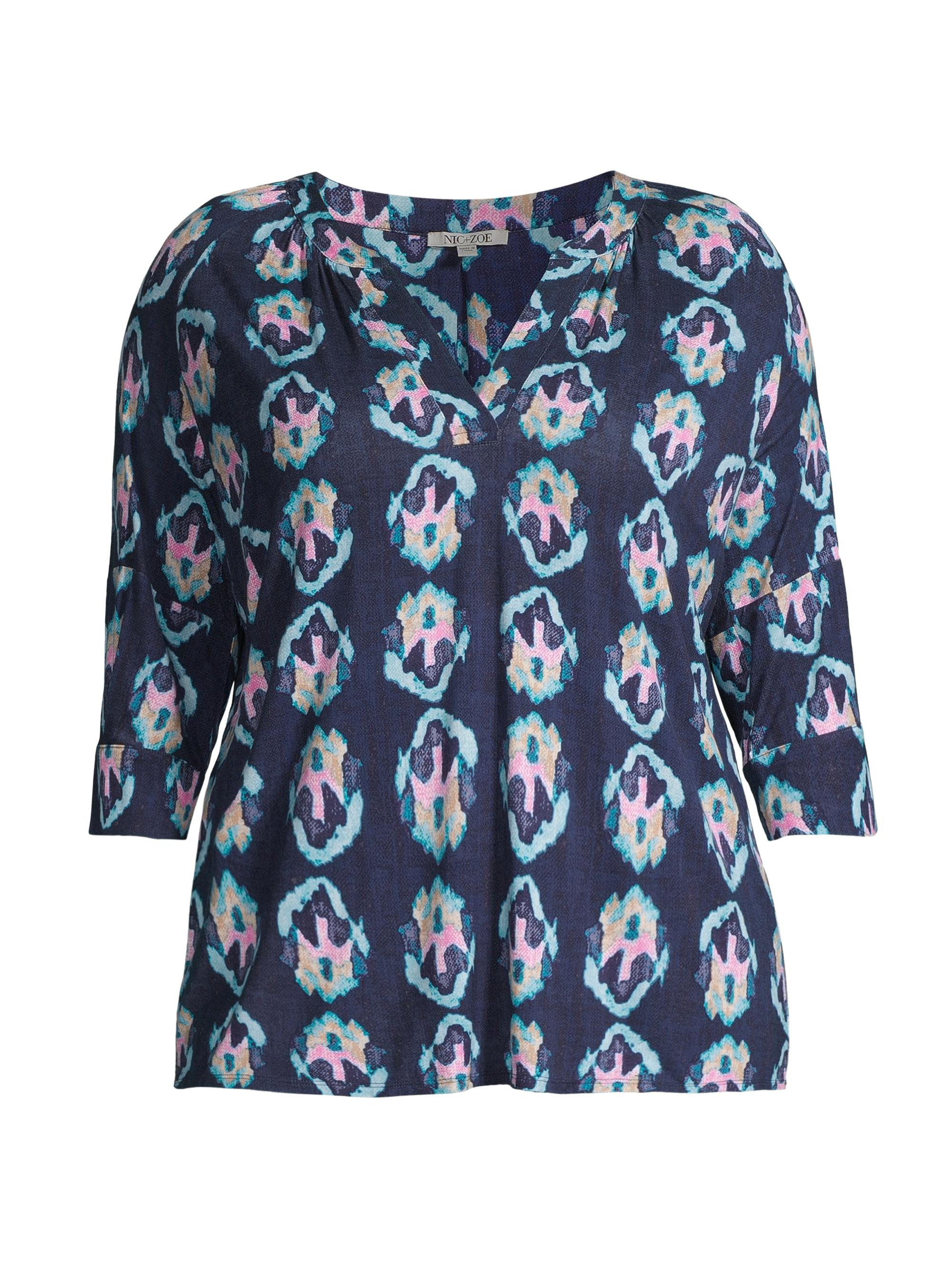 NIC+ZOE Women's Ocean Batik Split-Neck Blouse - Indigo Multi