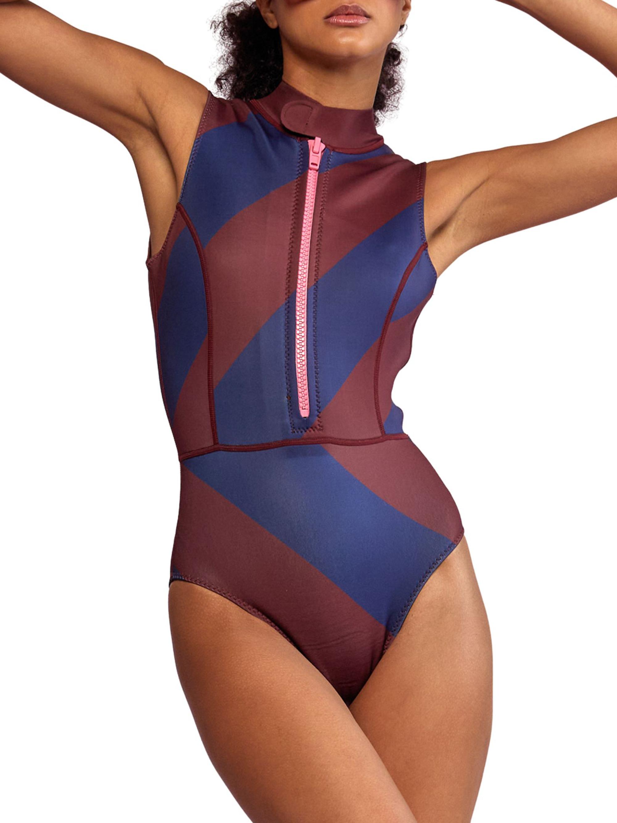 Cynthia Rowley Women's Sleeveless Striped Neoprene Wetsuit - Navy Burgundy