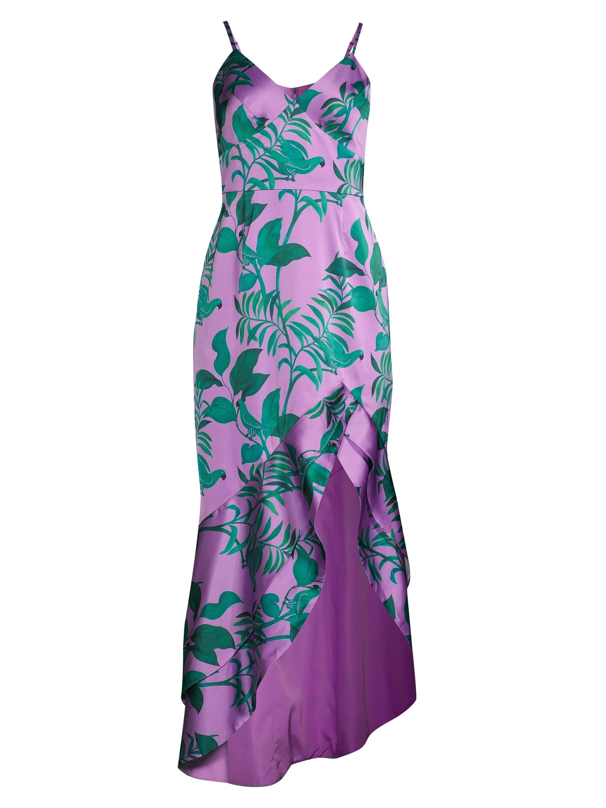 Hutch Women's Angel Ruffled Satin High-Low Gown - Patina Purple Foliage