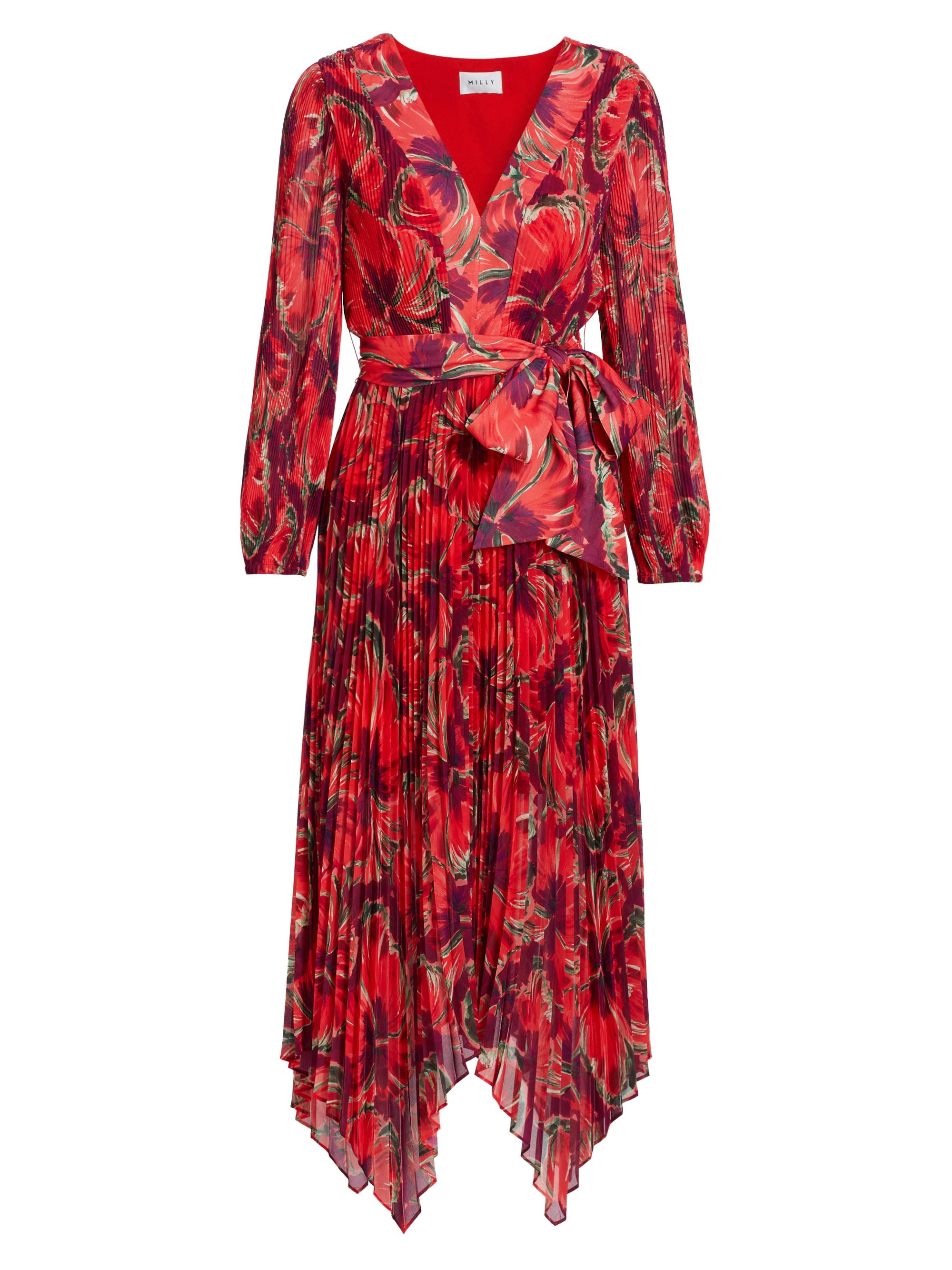 Milly Women's Liora Windmill Floral Pleated Midi-Dress - Red Multi