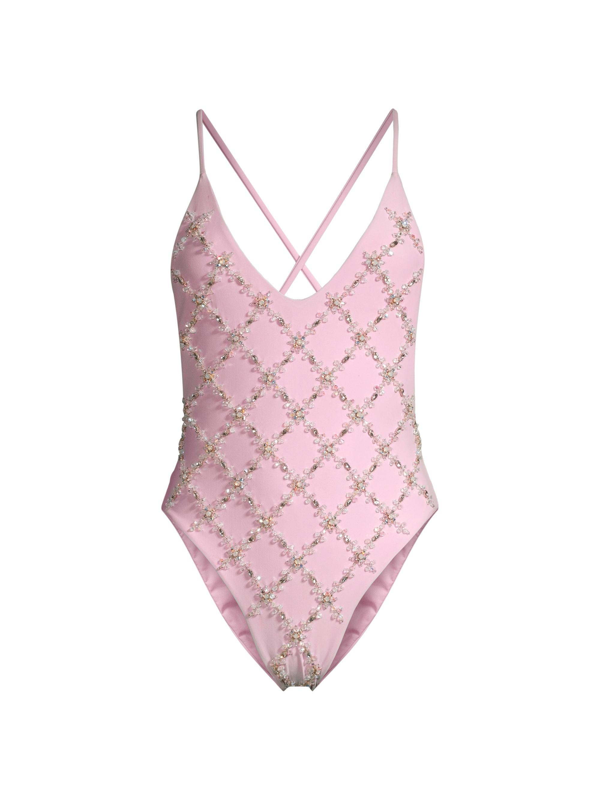 Oceanus Women's Rose Hand Embroidered One-Piece Swimsuit - Pink