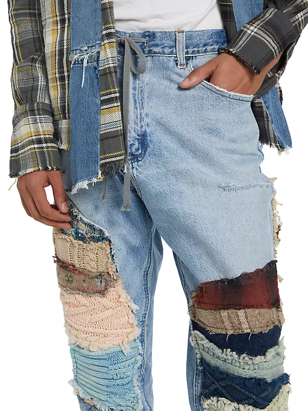 Shop Greg Lauren Patchwork Distressed Five-Pocket Jeans | Saks 