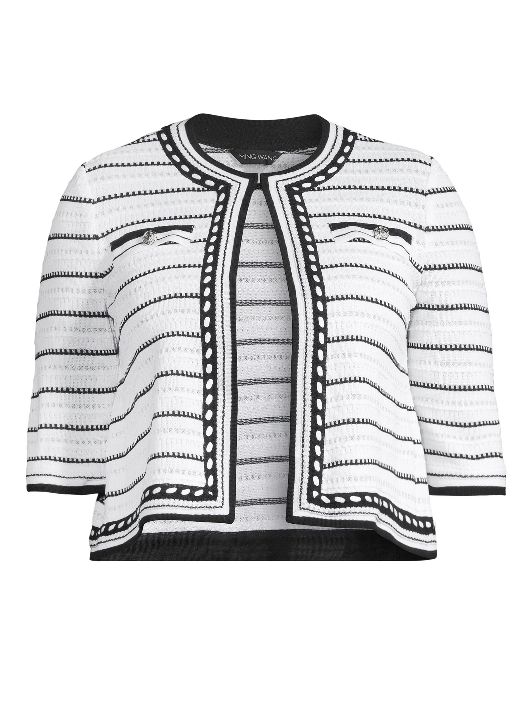 Ming Wang Women's Striped Knit Crop Jacket - White Black