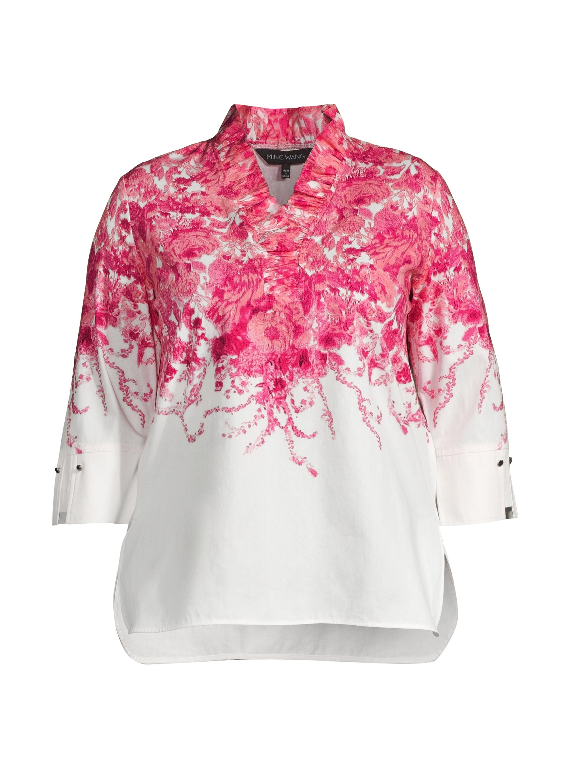 Ming Wang Women's Ruffled Floral Cotton Blouse - Carmine Rose