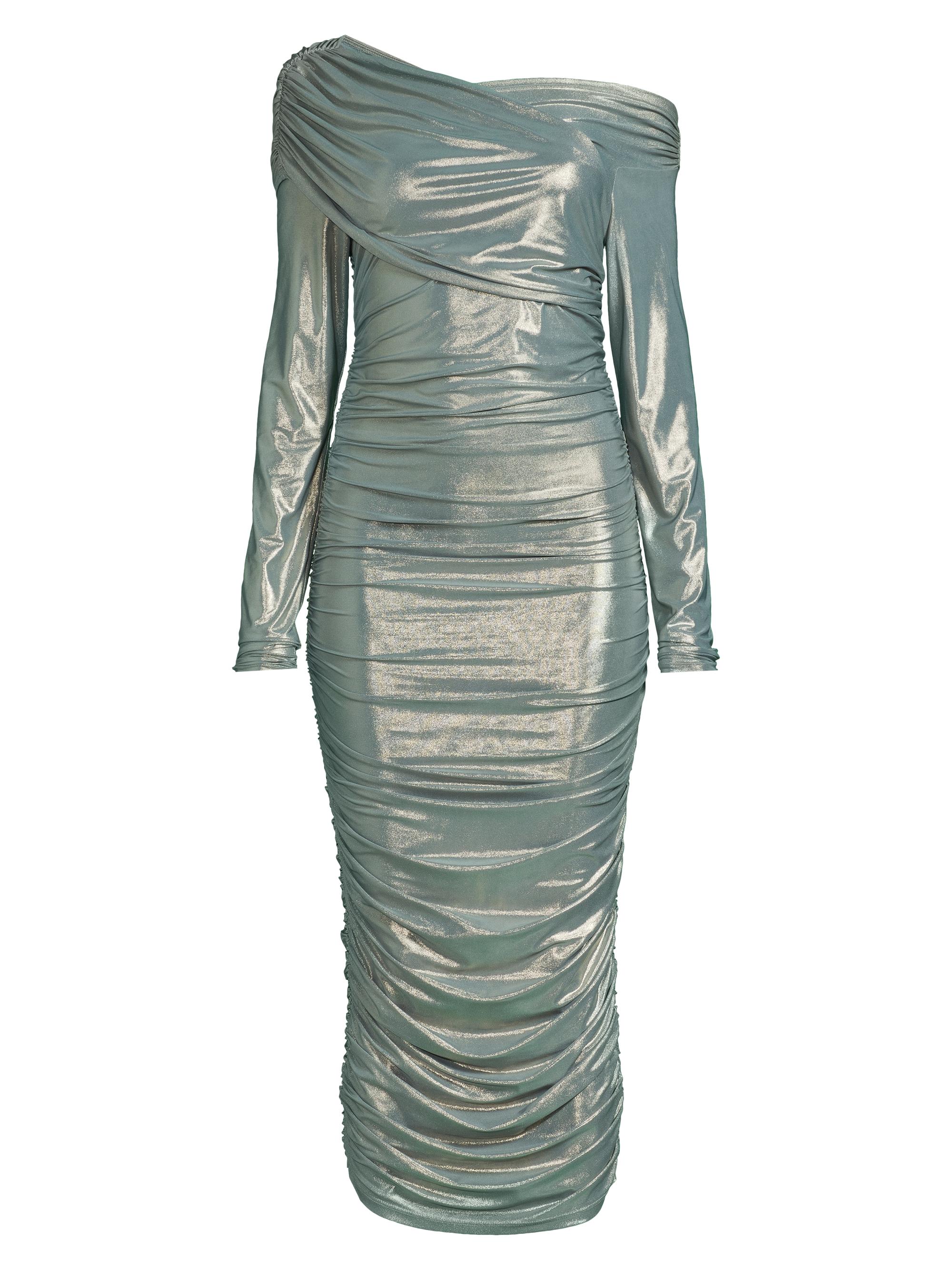 Undra Celeste Women's Metallic Ruched Midi-Dress - Teal Beige