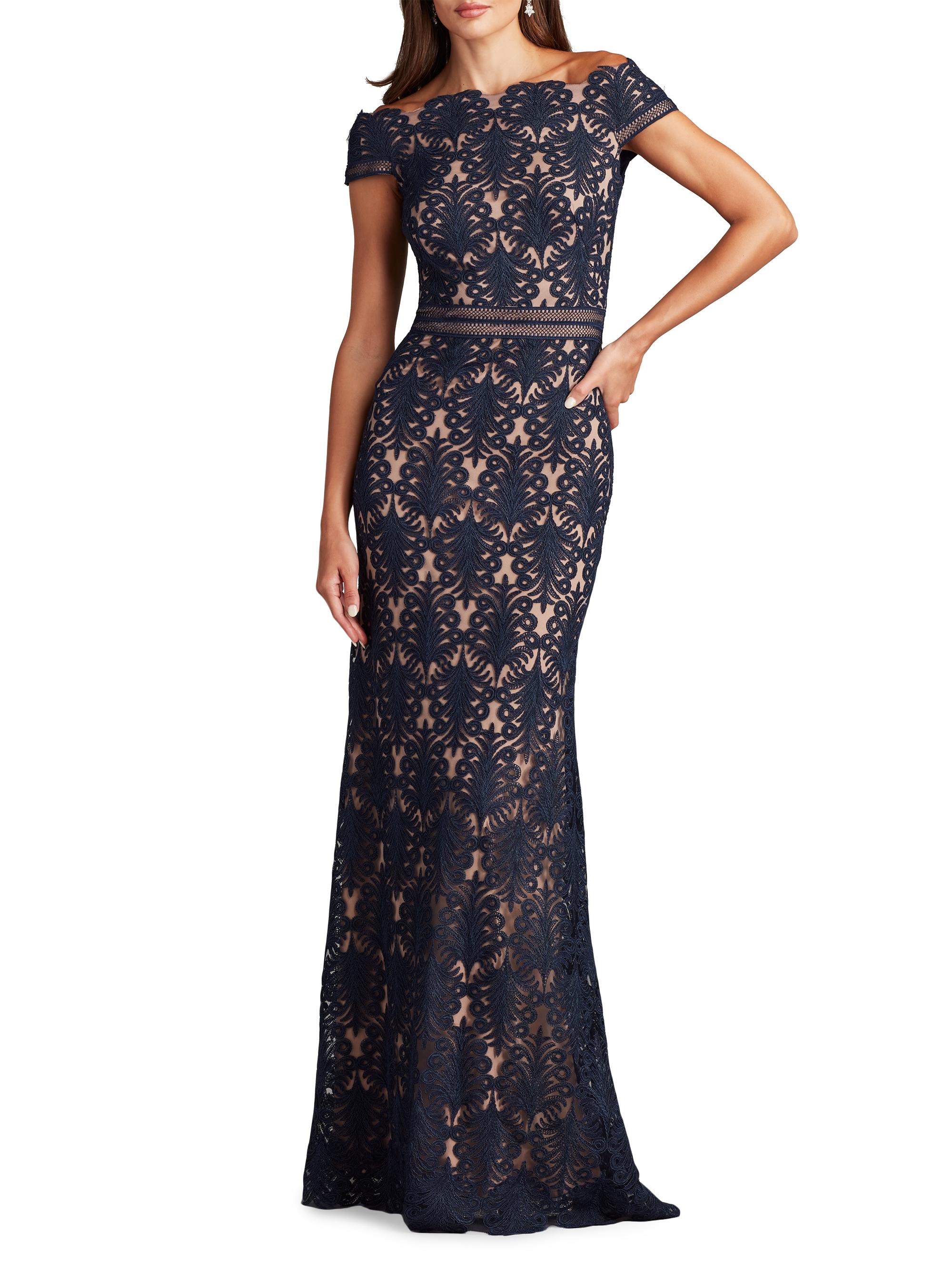 新品☆ TADASHI SHOJI 紺色　サイズ6 Tadashi Shoji Corded Lace Off-The-Shoulder Gown | Saks Fifth Avenue