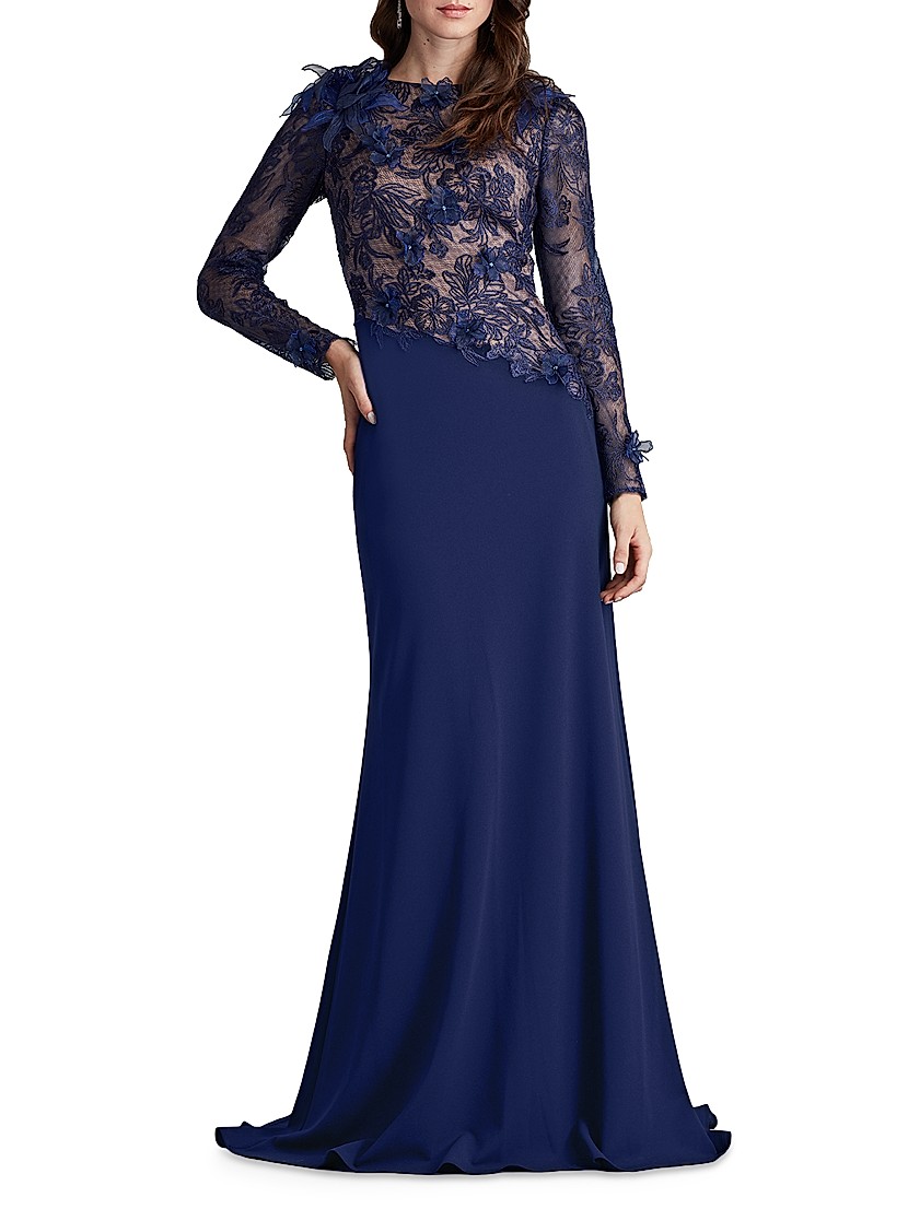 Shop Tadashi Shoji Floral Lace Asymmetric Long-Sleeve Gown Shop Tadashi Shoji Floral Lace Asymmetric Long-Sleeve Gown