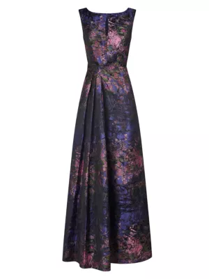Kay Unger Women's Winona Monet Jacquard Cap-Sleeve Gown - Dark Navy