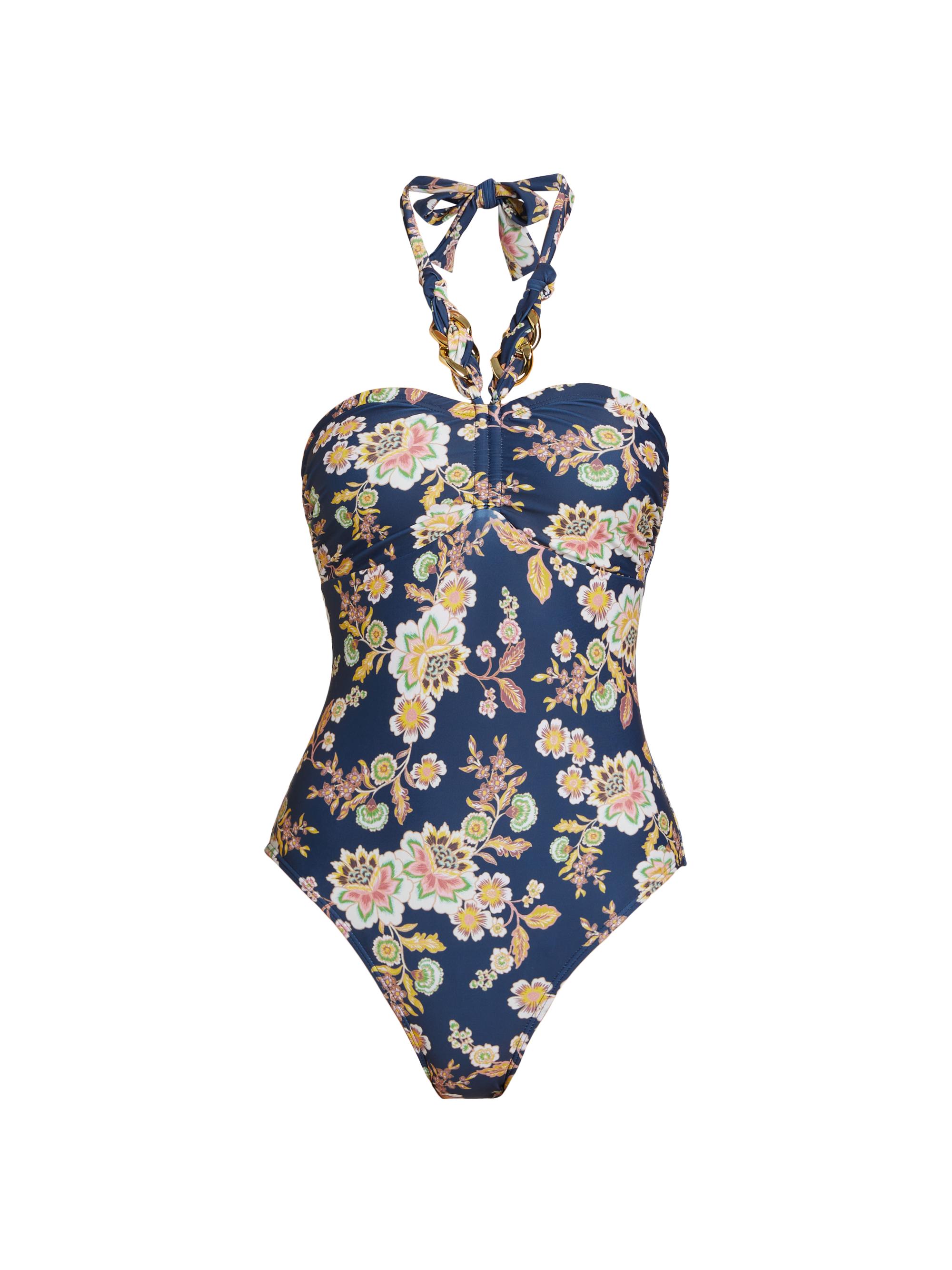 Shoshanna Women's Floral Chain Halter One-Piece Swimsuit - Navy Multi
