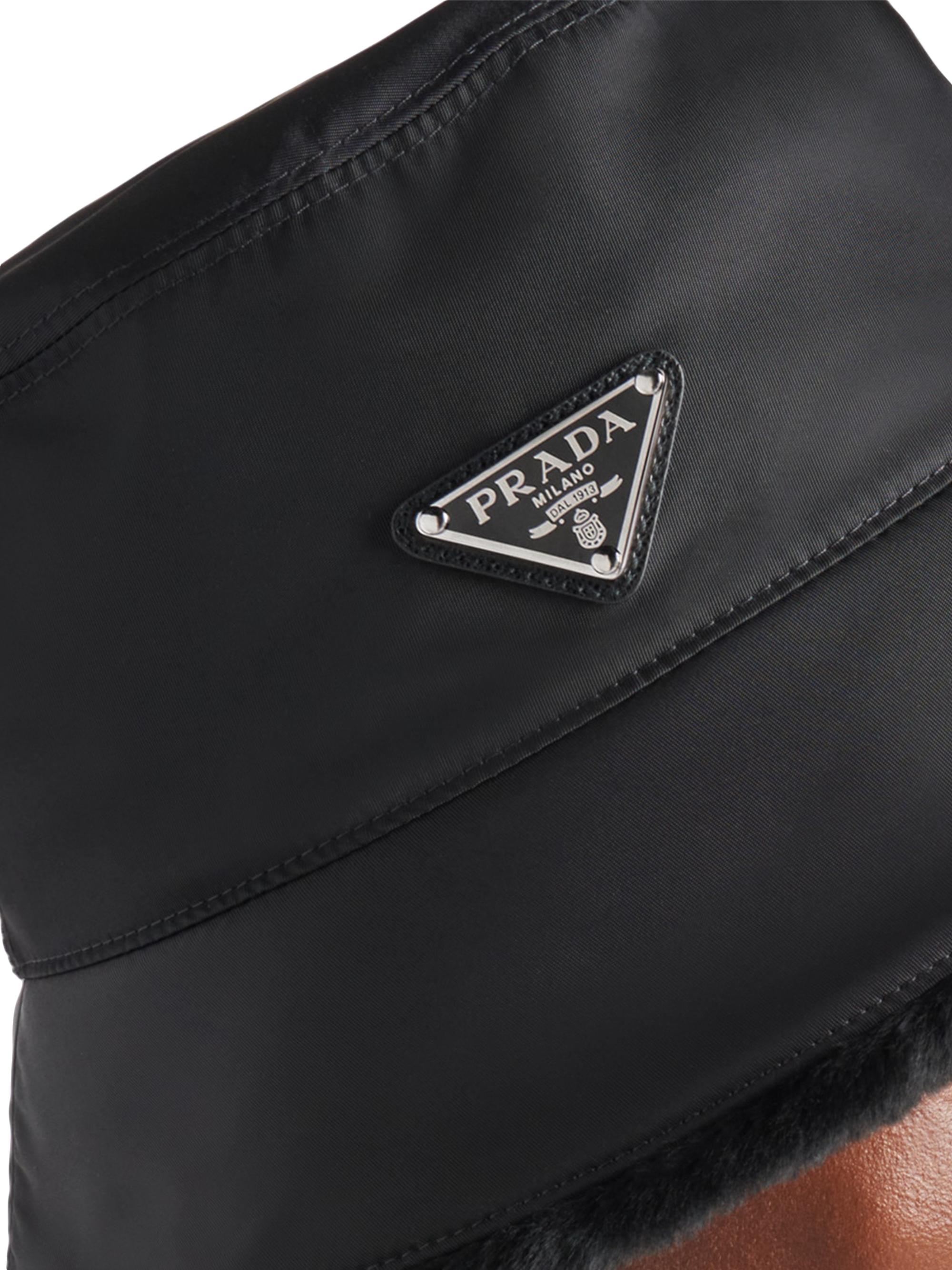 Prada Men's Re-Nylon And Shearling Bucket Hat - Black - back view in Black