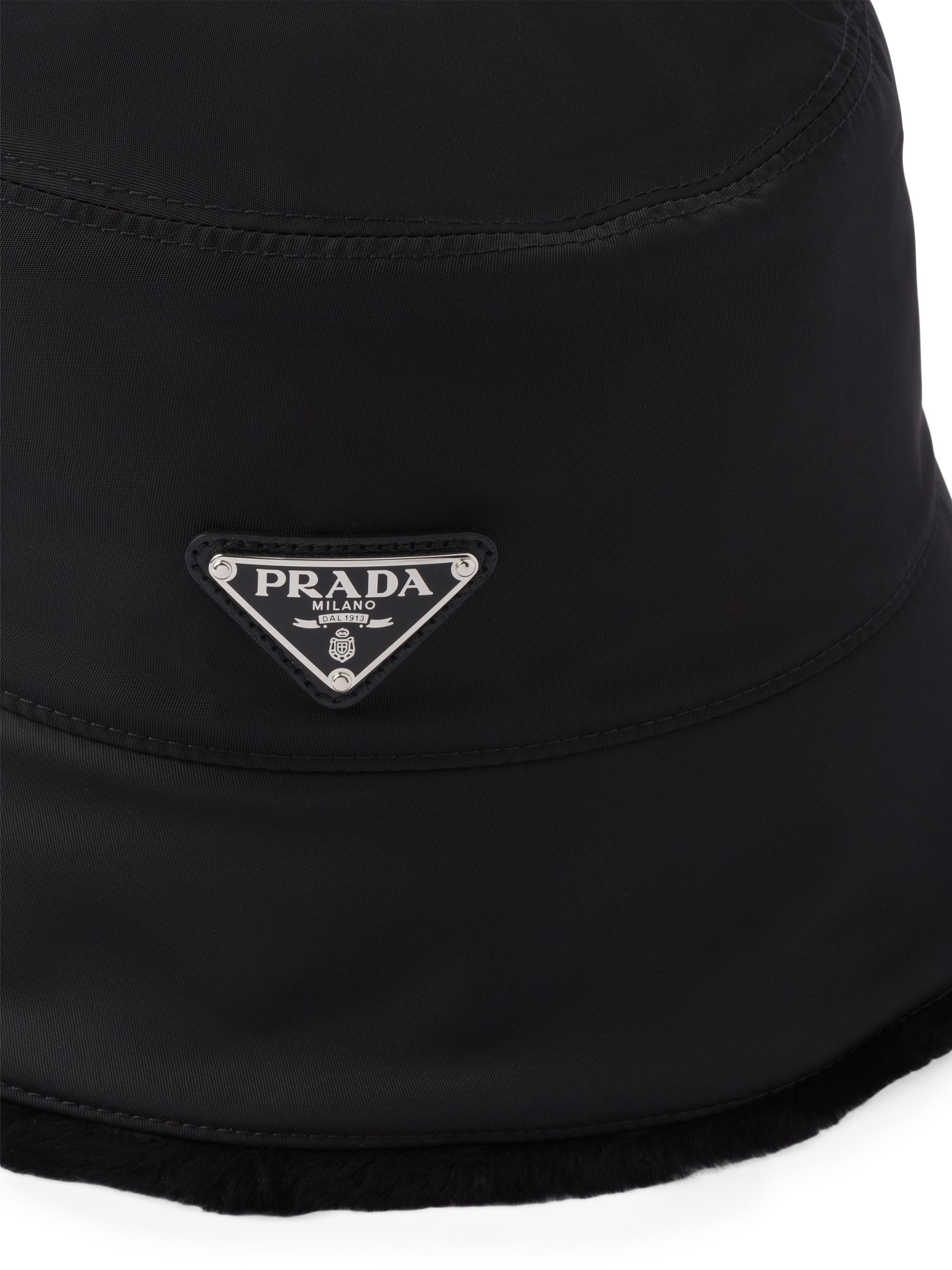 Prada Men's Re-Nylon And Shearling Bucket Hat - Black - detail view in Black