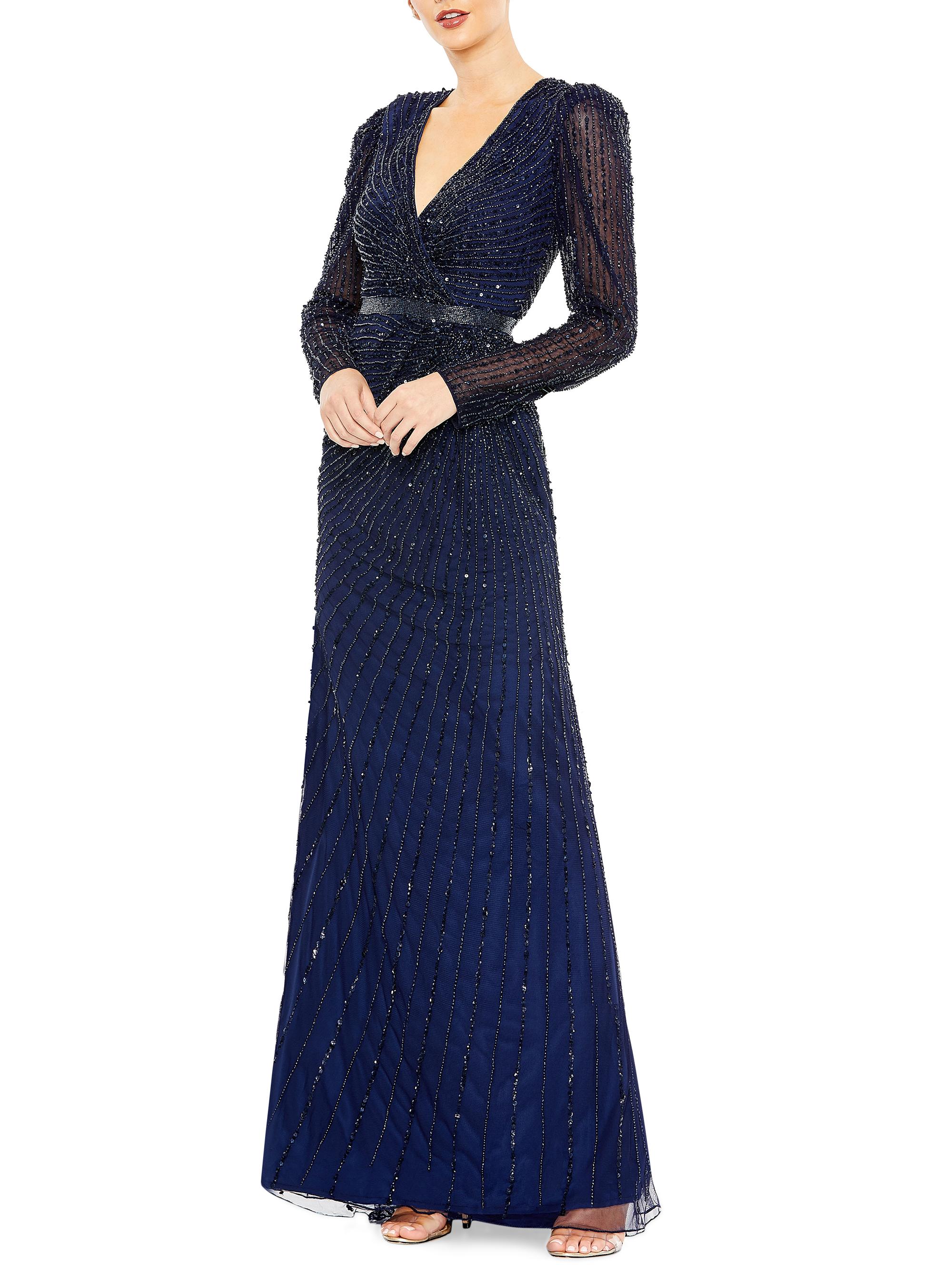 Mac Duggal Women's Sequin Wrap-Over Long-Sleeve Gown - Midnight