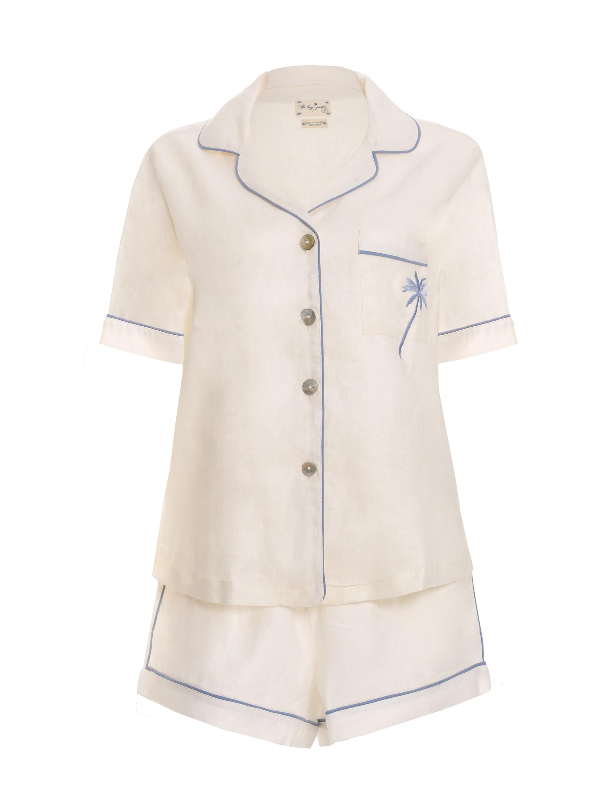 The Lazy Poet Women's Blue Serenity Nina Linen Short 2-Piece Pajama Set - White