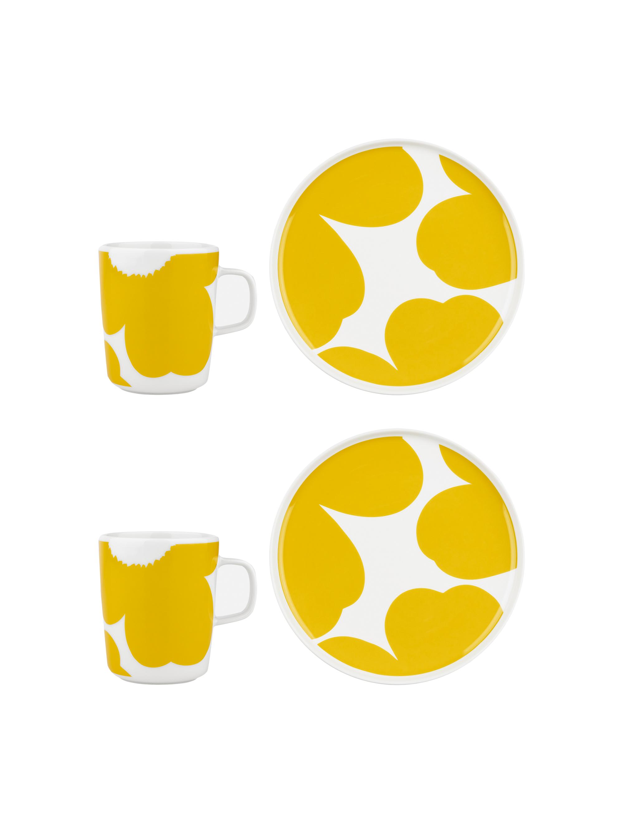 Marimekko Iso Unikko 4-Piece Mugs & Plates Set - White Spring Yellow