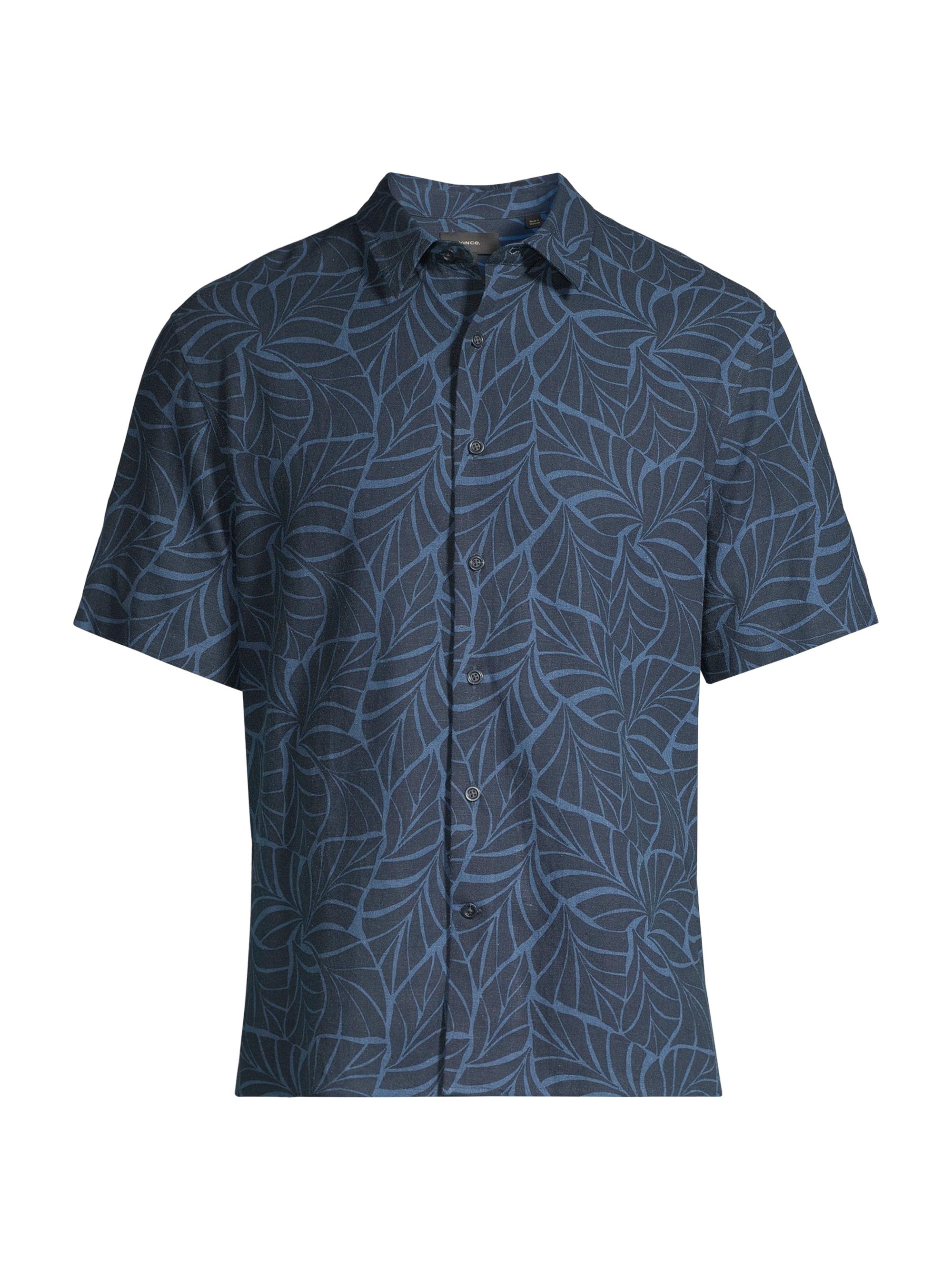 Vince Men's Knotted Leaves Linen-Blend Button-Front Shirt - Blue Multi