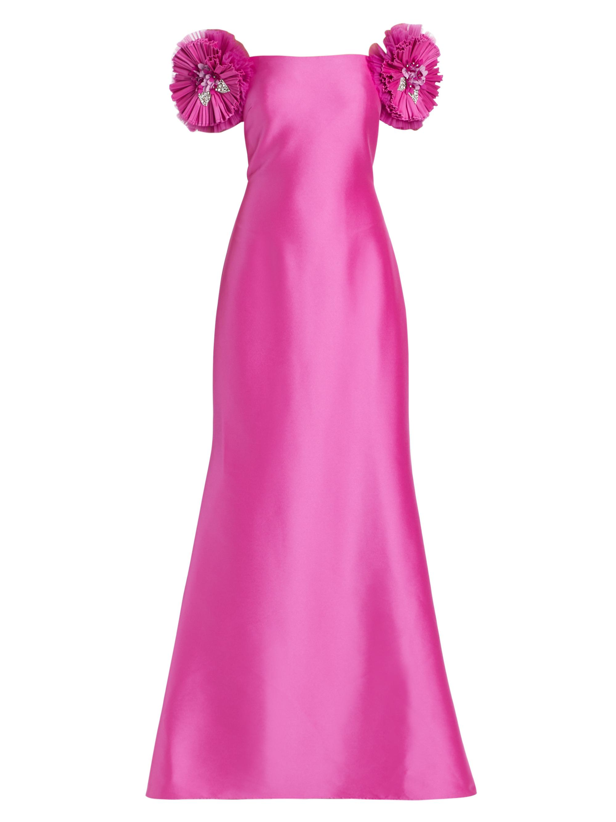 Badgley Mischka Women's Floral Satin Off-the-Shoulder Gown - Orchid