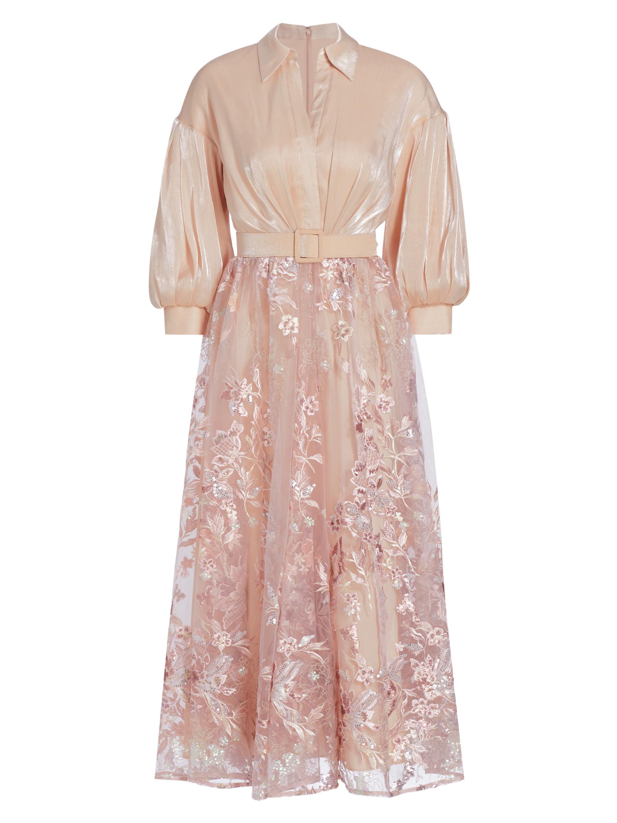 Badgley Mischka Women's Belted Embellished Satin & Tulle Cocktail Midi-Dress - Blush Multi