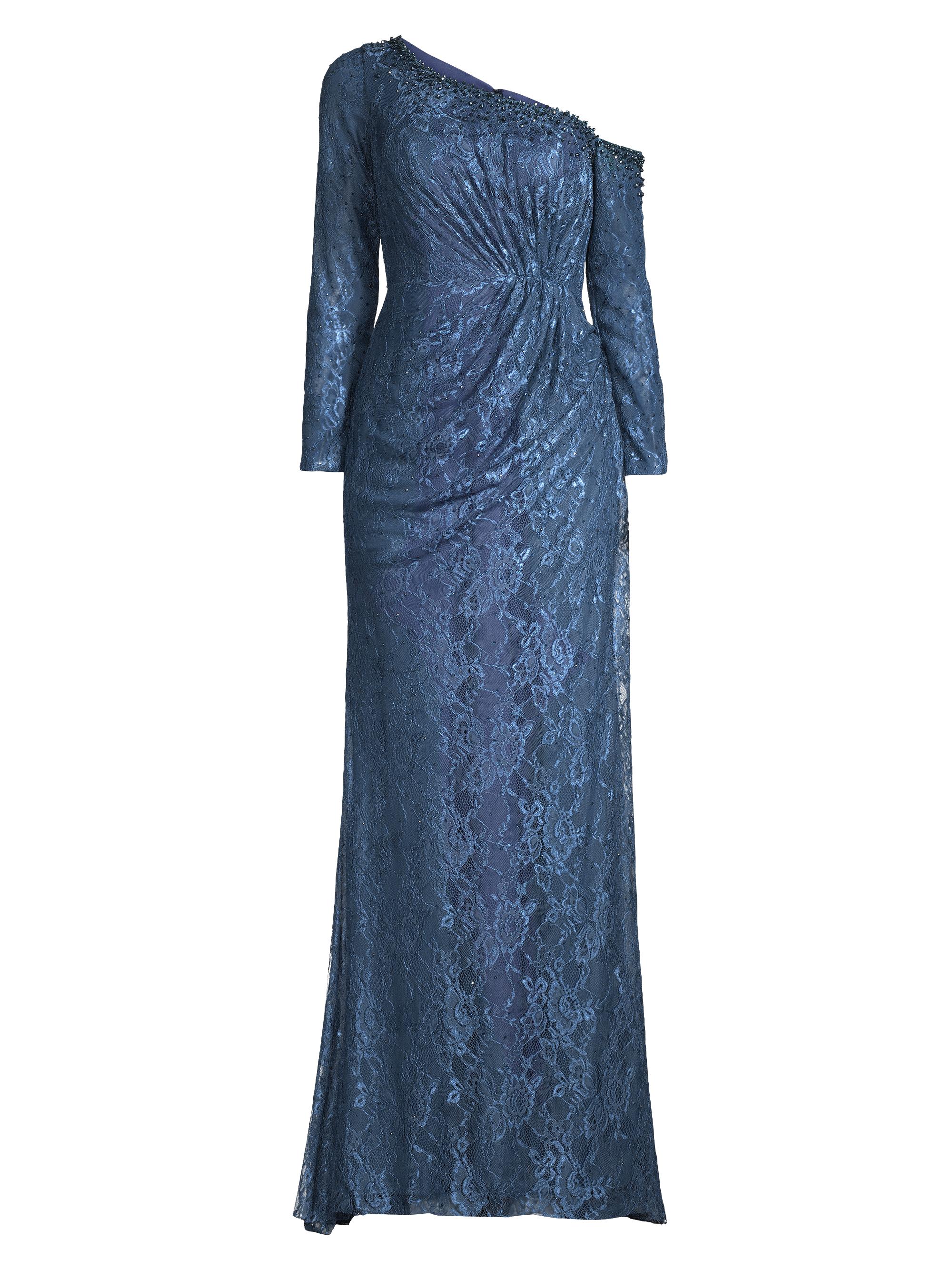 Basix Women's Asymmetric Embellished Lace Sleeve Gown - Navy
