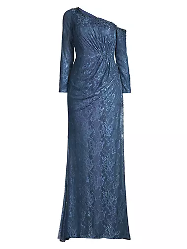 Asymmetric Embellished Lace Sleeve Gown