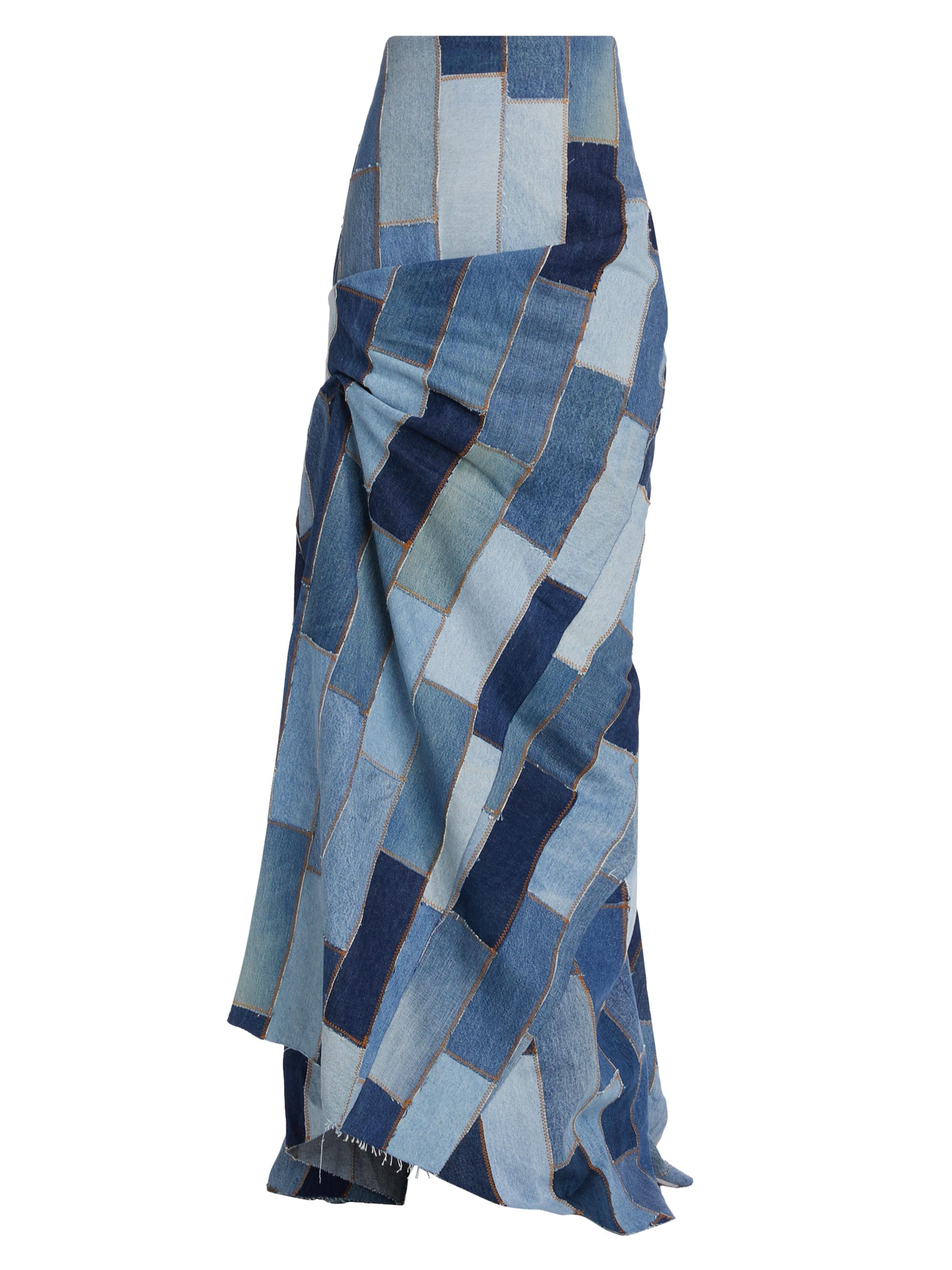 A.W.A.K.E. Mode Women's Patchwork Denim Pickup Maxi Skirt - Blue Denim