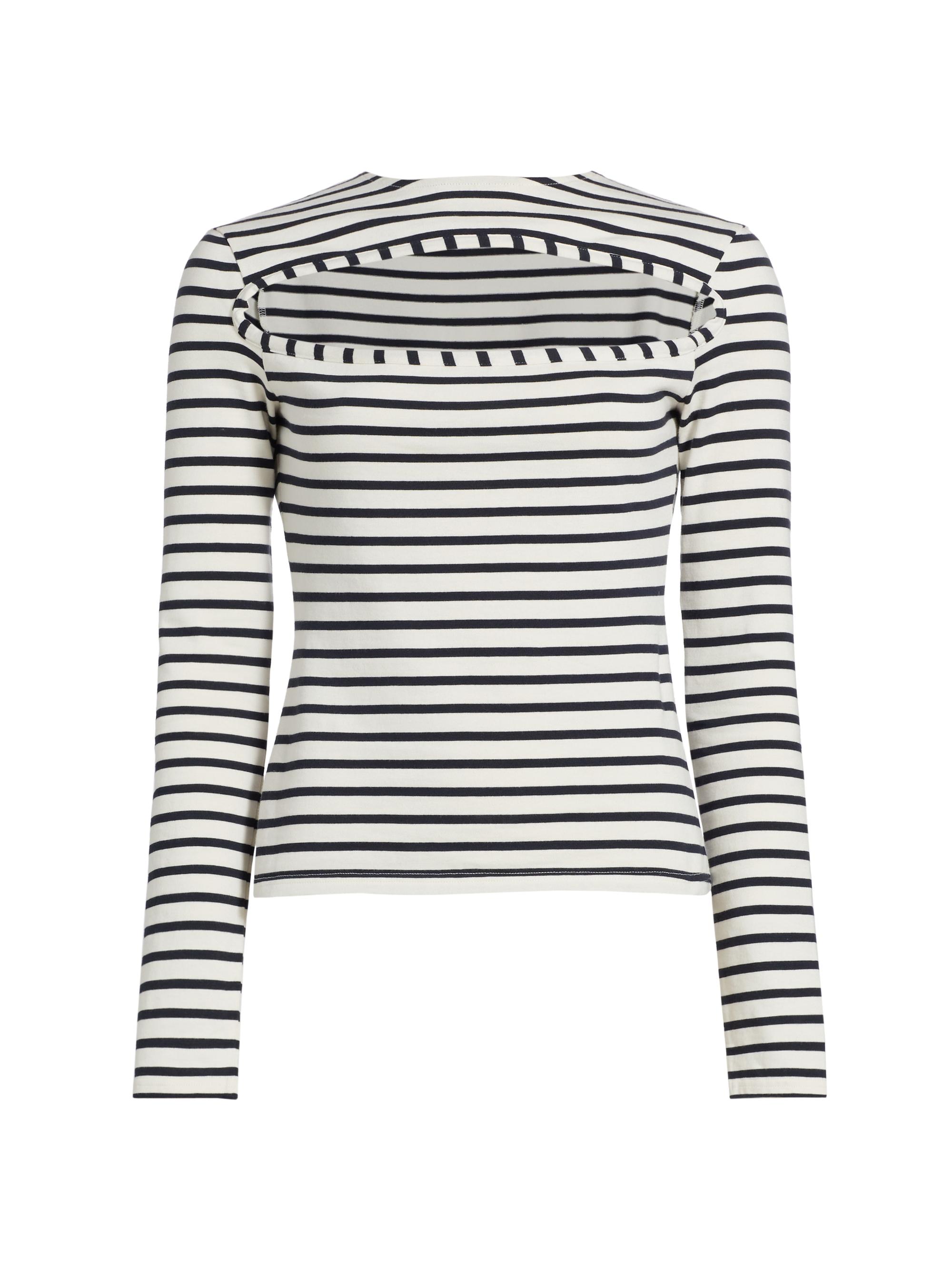 A.W.A.K.E. Mode Women's Striped Cotton Cut-Out Top - Navy White Striped