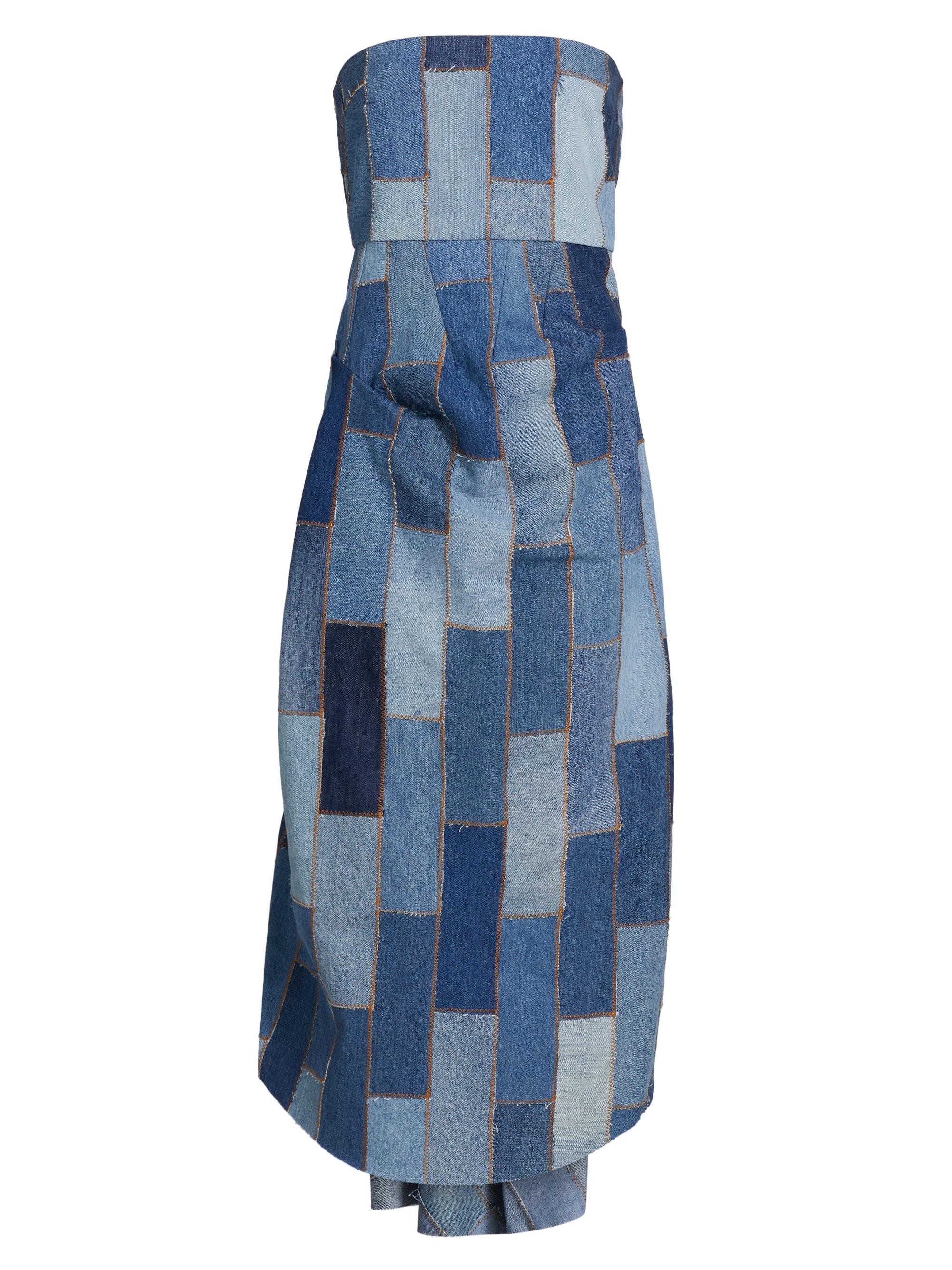 A.W.A.K.E. Mode Women's Patchwork Denim Strapless Bustle Dress - Blue Denim