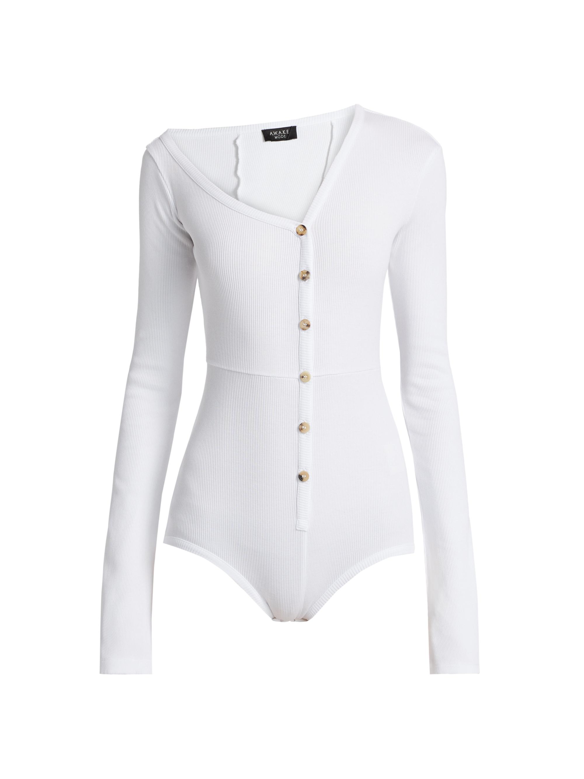 A.W.A.K.E. Mode Women's Stretch Cotton Asymmetric Collar Bodysuit - White