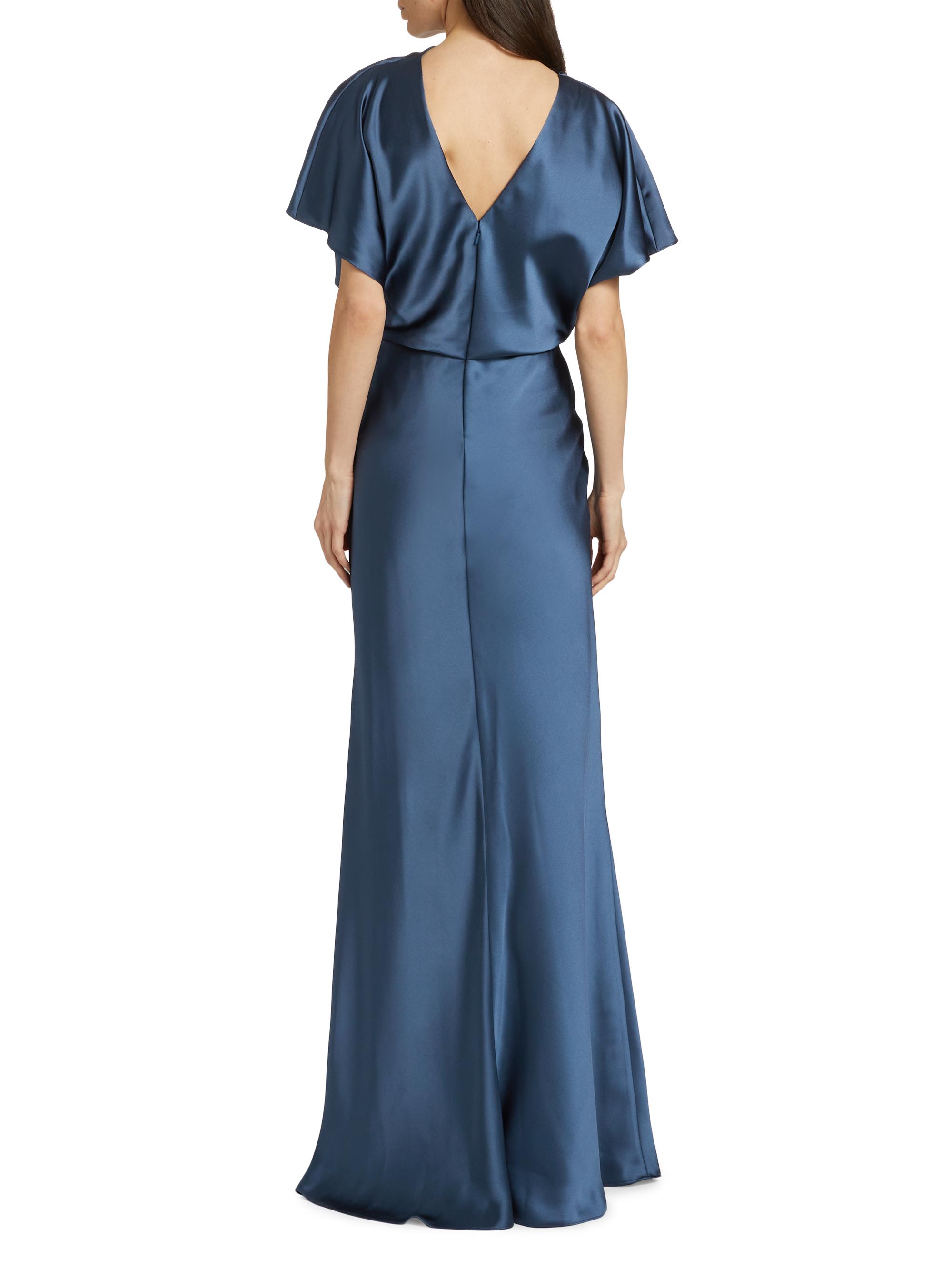 fluid satin draped neck dress Amsale Women's Draped Satin Gown - French Blue