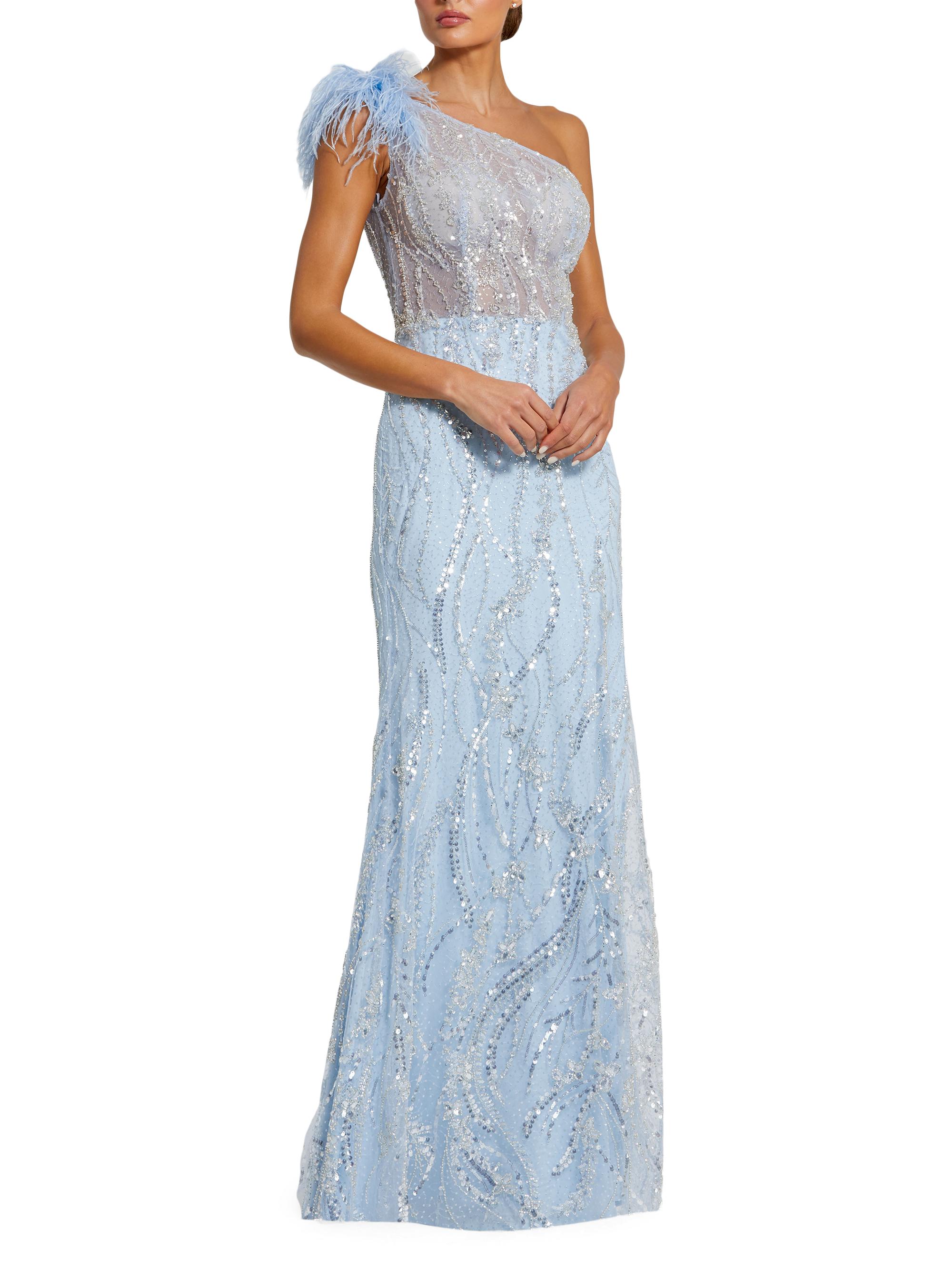 Mac Duggal Women's Feather-Trimmed Sequined One-Shoulder Gown - Porcelain Blue