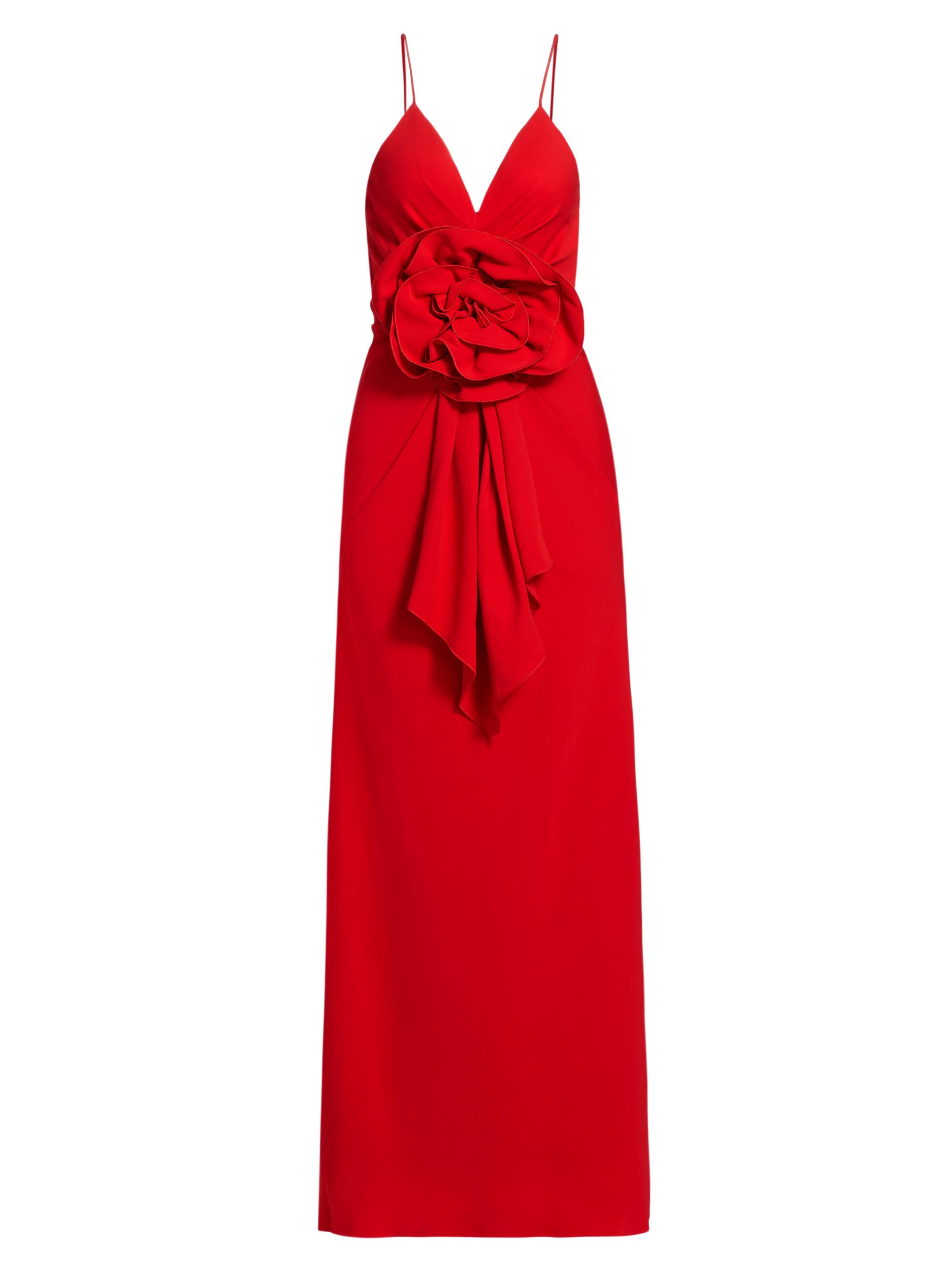 Balmain Women's Rose-Detailed V-Neck Dress - Red