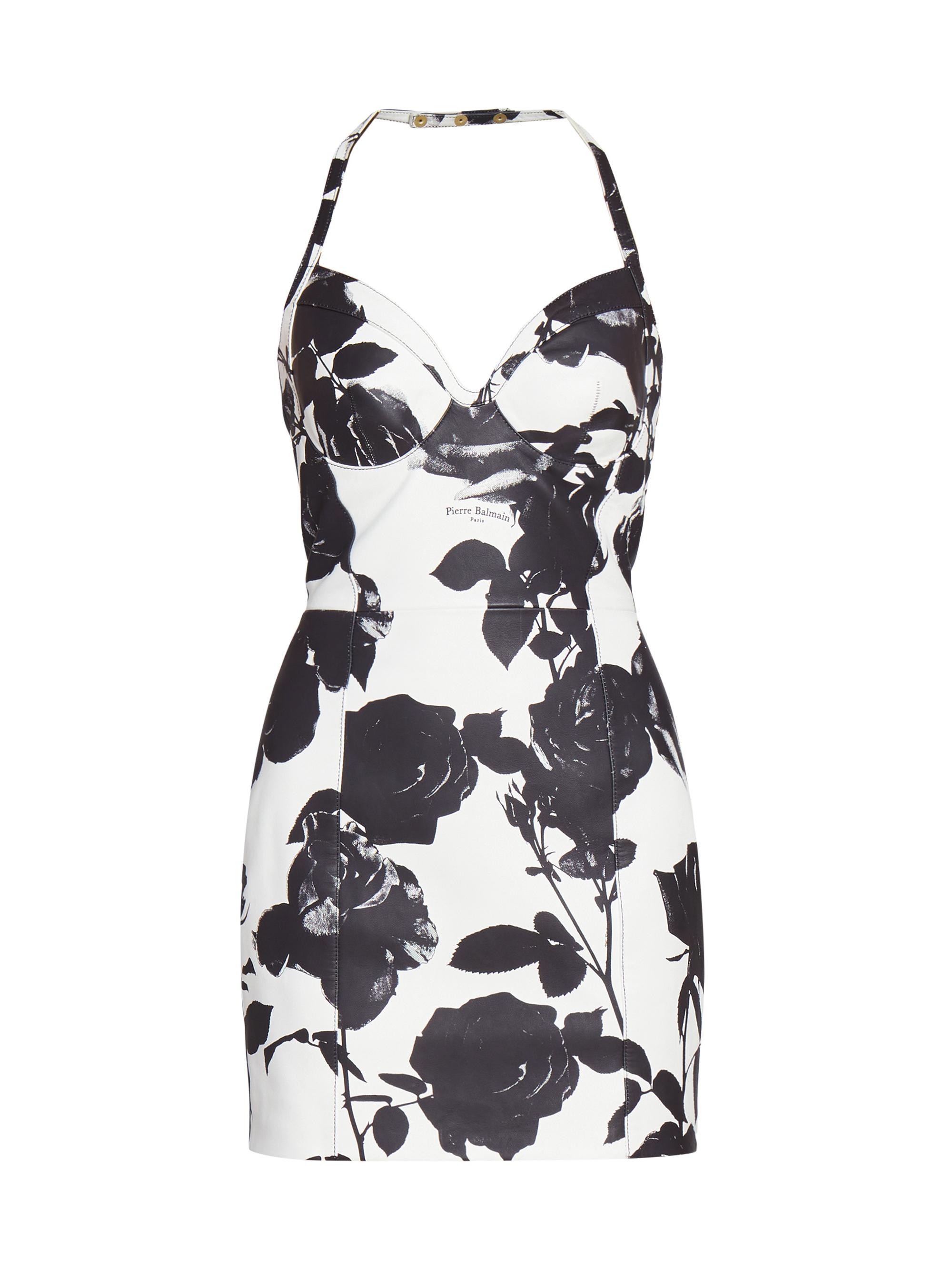 Balmain Women's Rose-Print Lambskin Minidress - Black And White