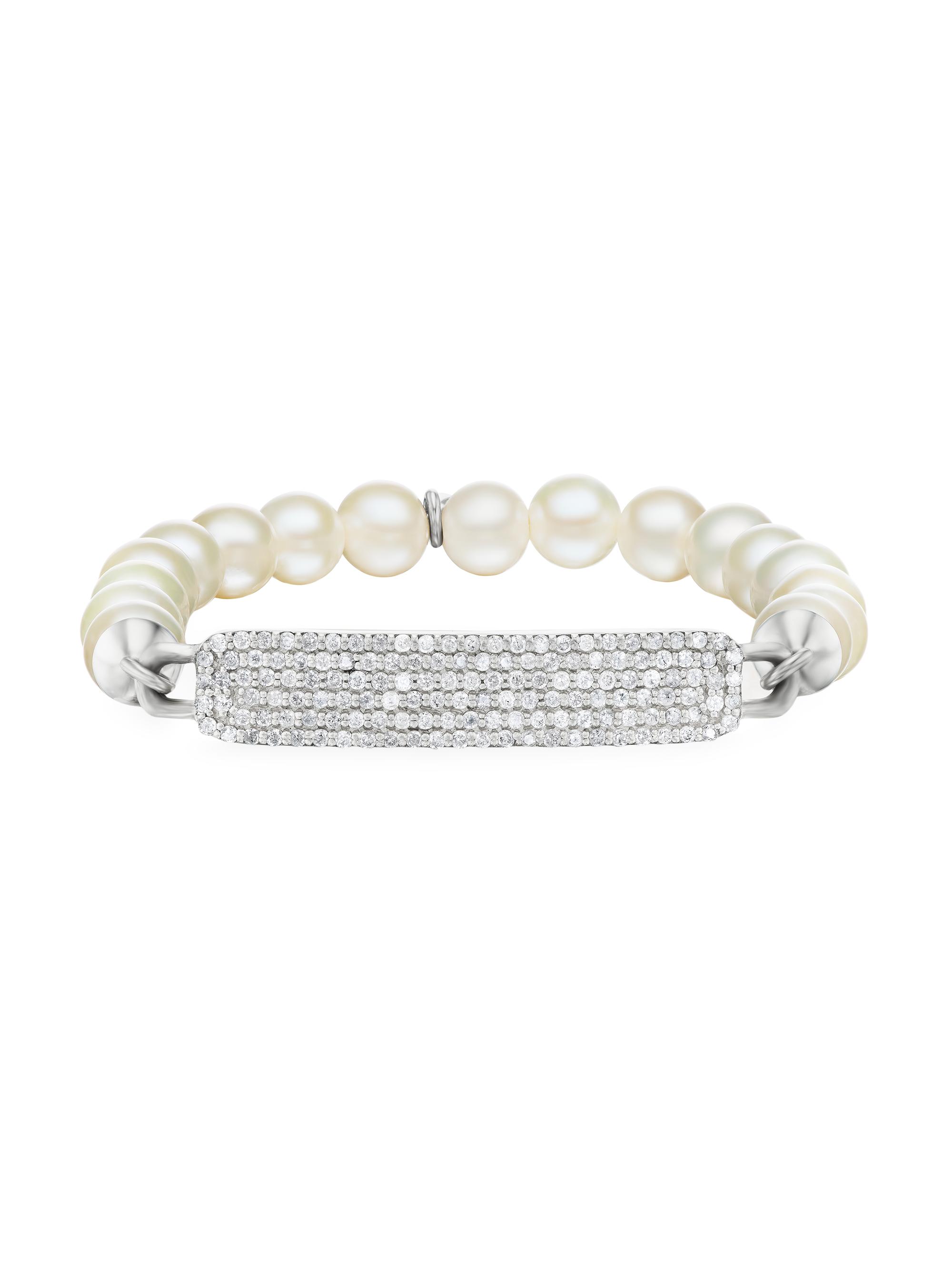 Sheryl Lowe Women's Sterling Silver, Freshwater Pearl & 1.6 TCW Diamond ID Tag Stretch Bracelet - Silver