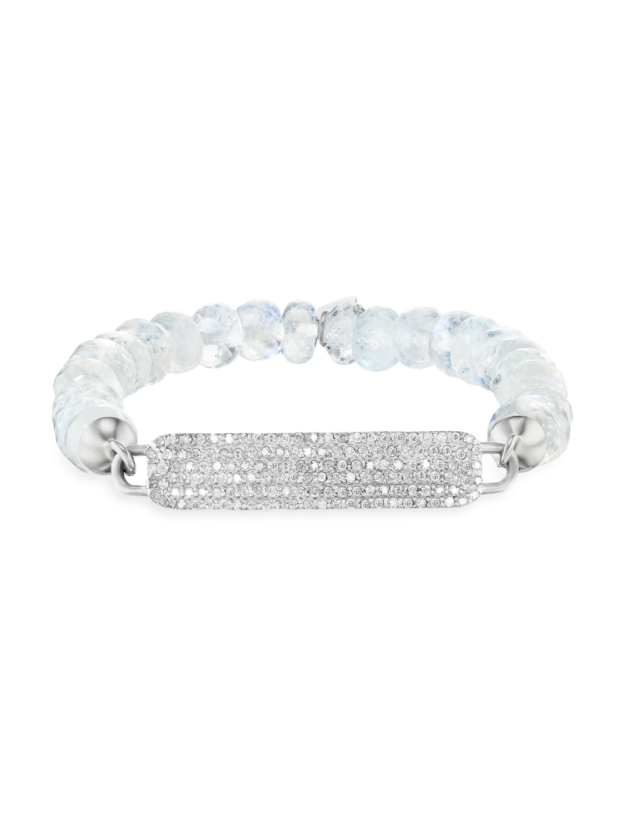 Sheryl Lowe Women's Sterling Silver, Rainbow Moonstone & 1.6 TCW Diamond ID Tag Stretch Bracelet - Silver
