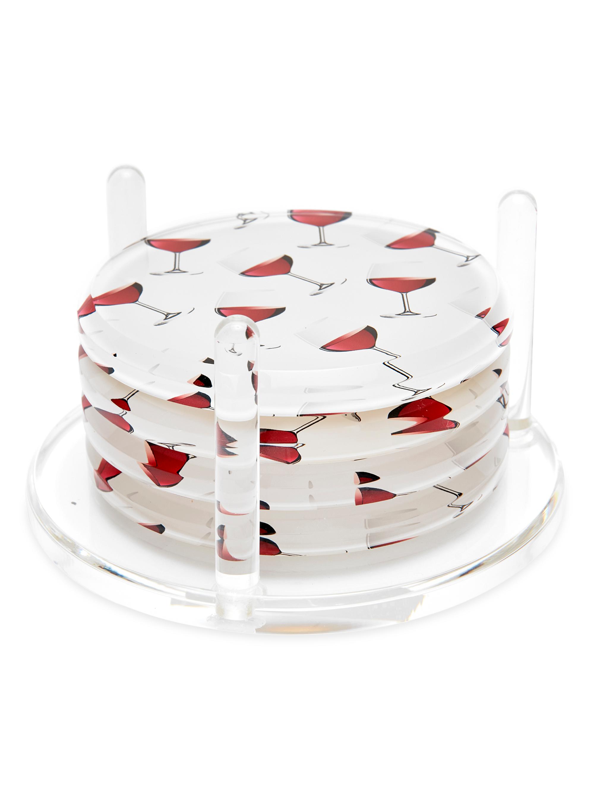 Tara Wilson Designs Red Wine Glass Acrylic 4-Piece Coaster & Holder Set