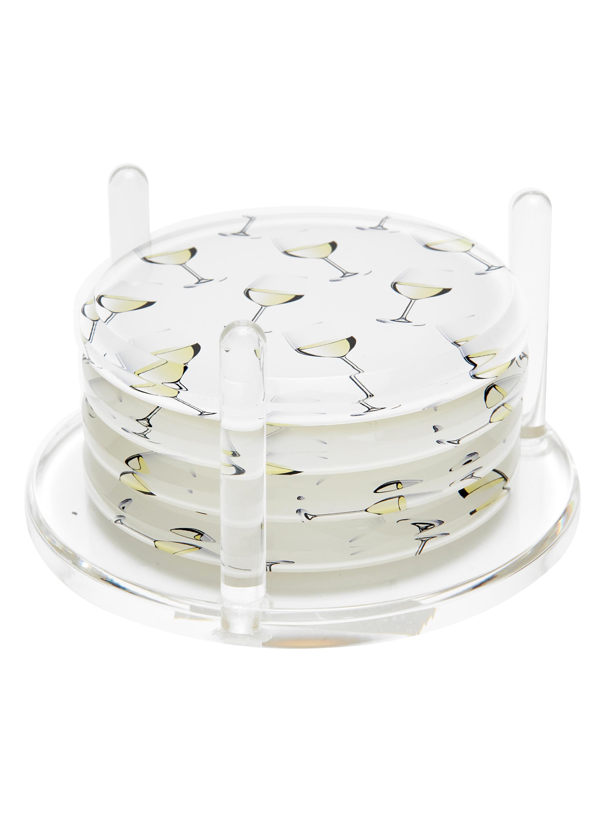 Tara Wilson Designs White Wine Acrylic 4-Piece Coaster & Holder Set