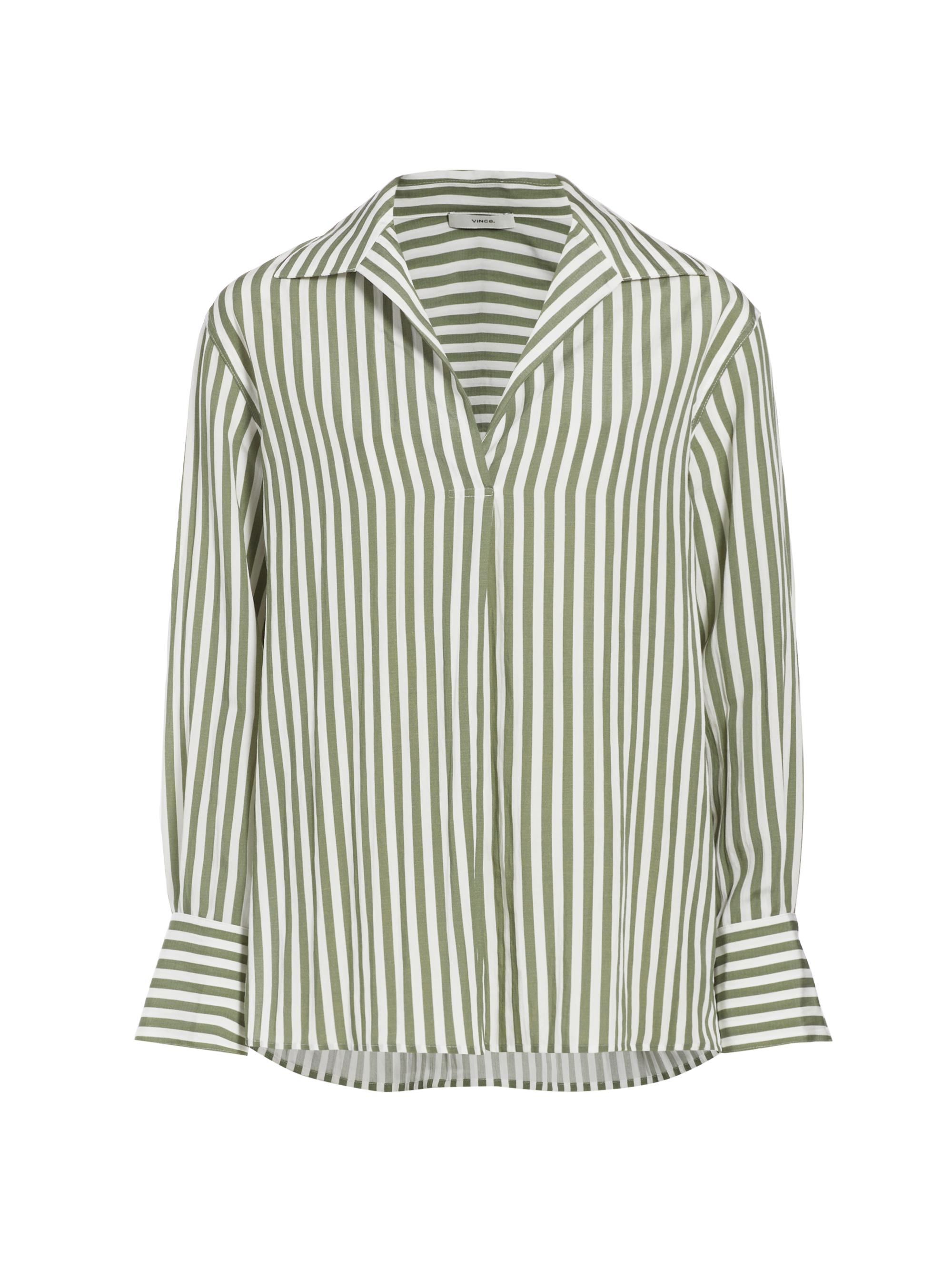 Vince Women's Striped Shaped-Collar Long-Sleeve Top - Sea Fern Optic White