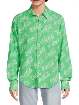 ERL Men's ERL x Coca-Cola Cotton u0026 Linen-Blend Button-Front Shirt - Green Coca Cola - Size XXL
