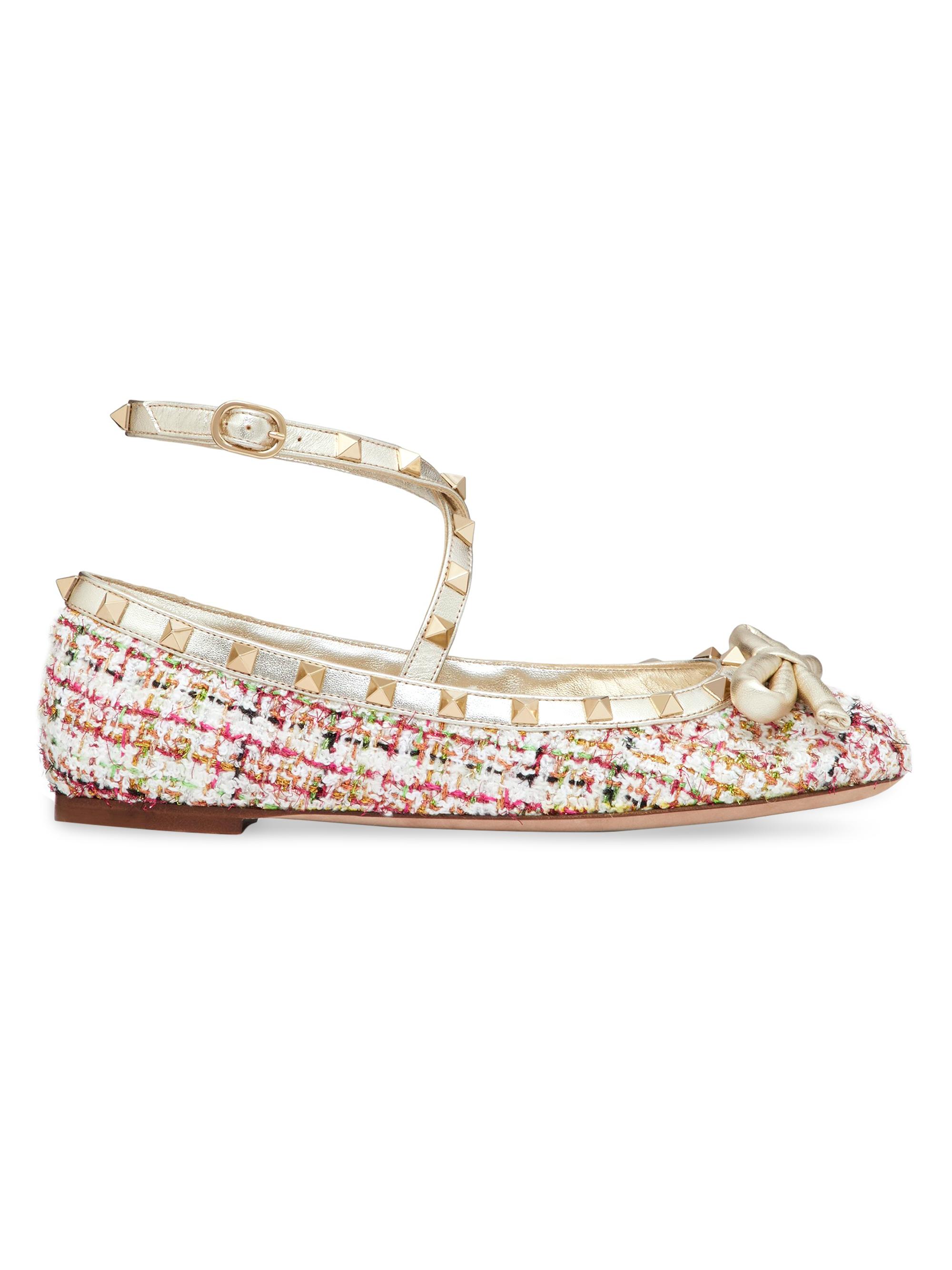 Valentino Garavani Women's Rockstud Tweed Ballerina Flats - Rose Cannelle